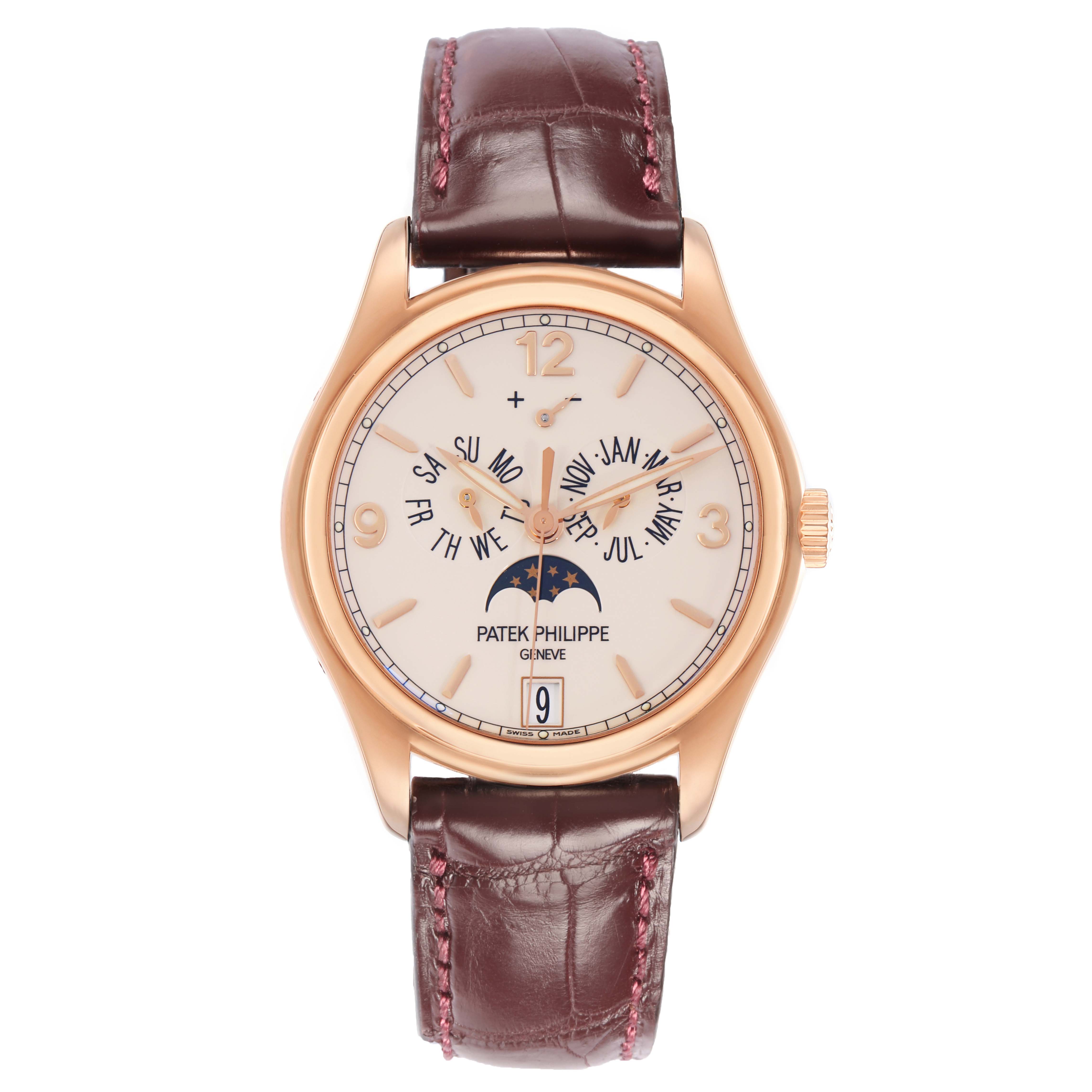 The Patek Philippe Complications 5146R-001 Men's Rose Gold White Dial model is shown from a front angle, displaying its dial and complications with a brown leather strap.