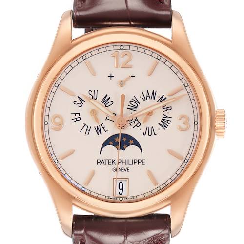 The Patek Philippe Complications 5146R-001 Men's Rose Gold White Dial model is shown from a front angle, highlighting its dial, hands, and moon phase feature.