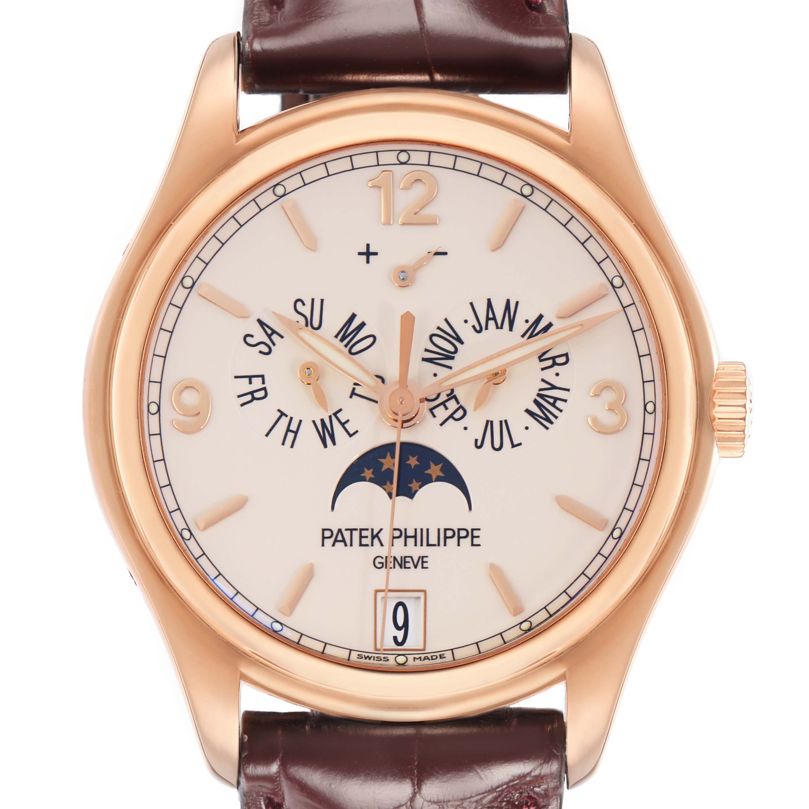 The Patek Philippe Complications 5146R-001 Men's Rose Gold White Dial watch is shown from the front, displaying the full dial with calendar and moon phase features.