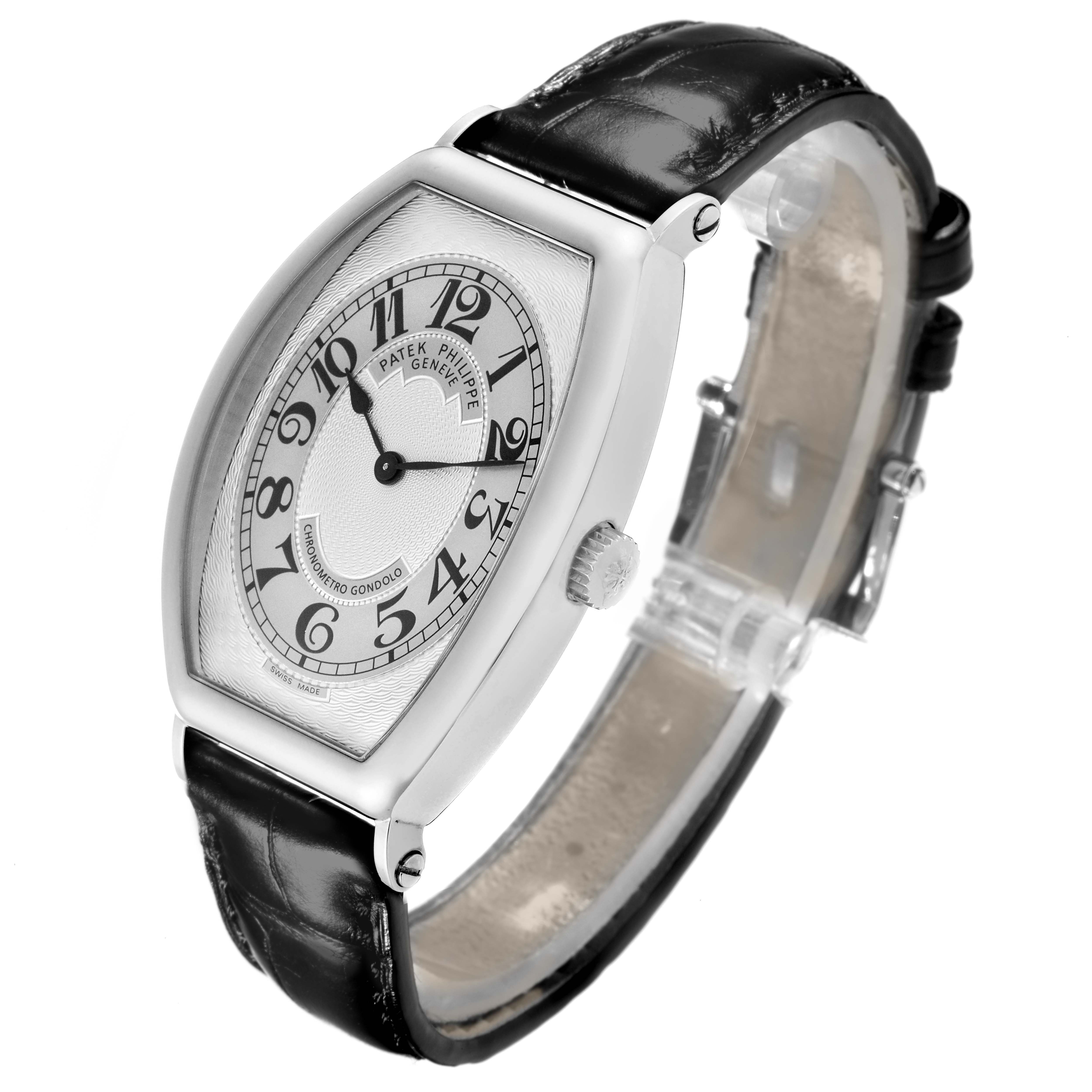The Patek Philippe Gondolo 5098P-001 Men's Platinum Silver Dial 5098P-001 Men's Platinum Silver Dial watch is shown at a three-quarter angle, highlighting the face, case, crown, and leather strap.