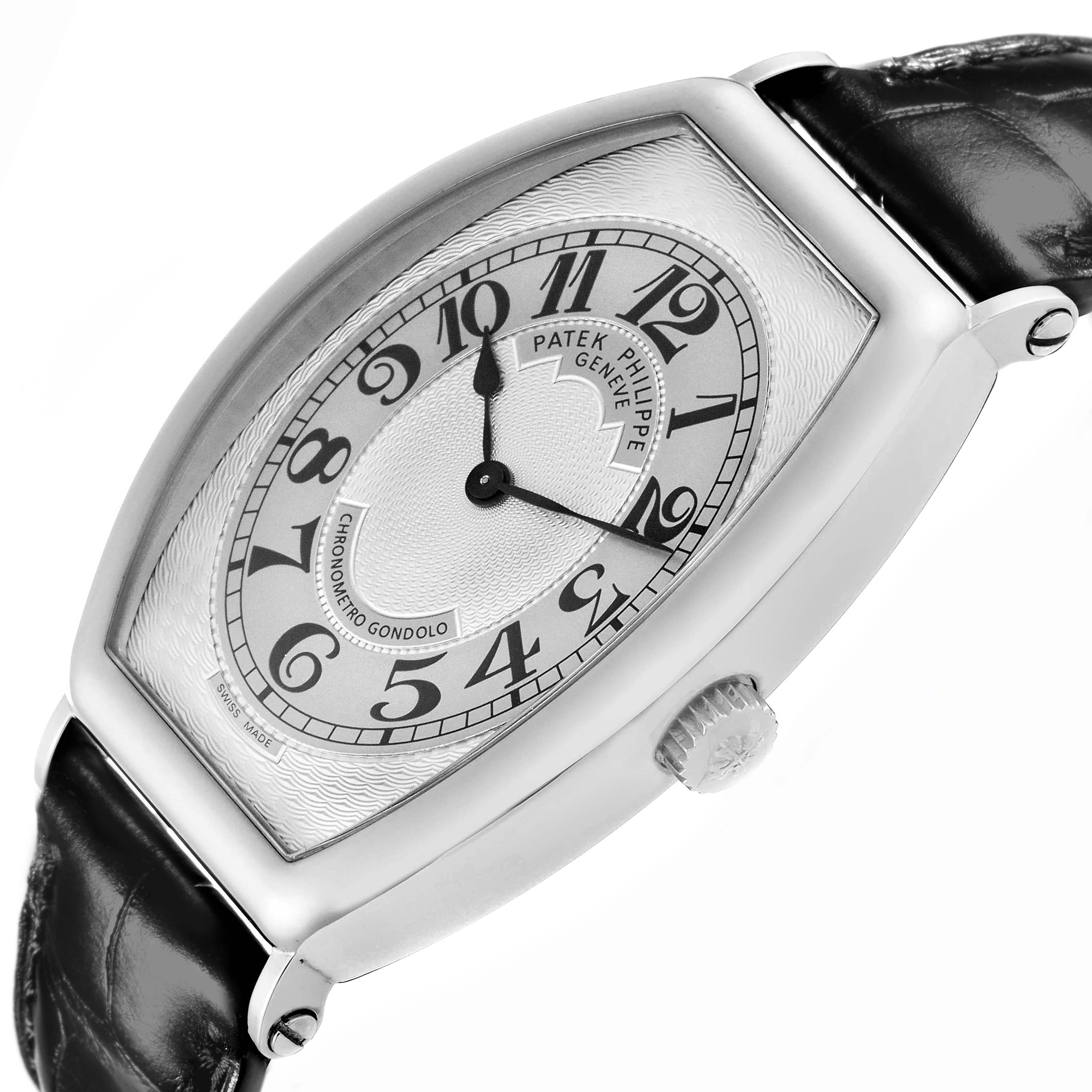 The Patek Philippe Gondolo 5098P-001 Men's Platinum Silver Dial 5098P-001 Men's Platinum Silver Dial watch is shown at an angled side view, displaying the dial, casing, crown, and part of the strap.