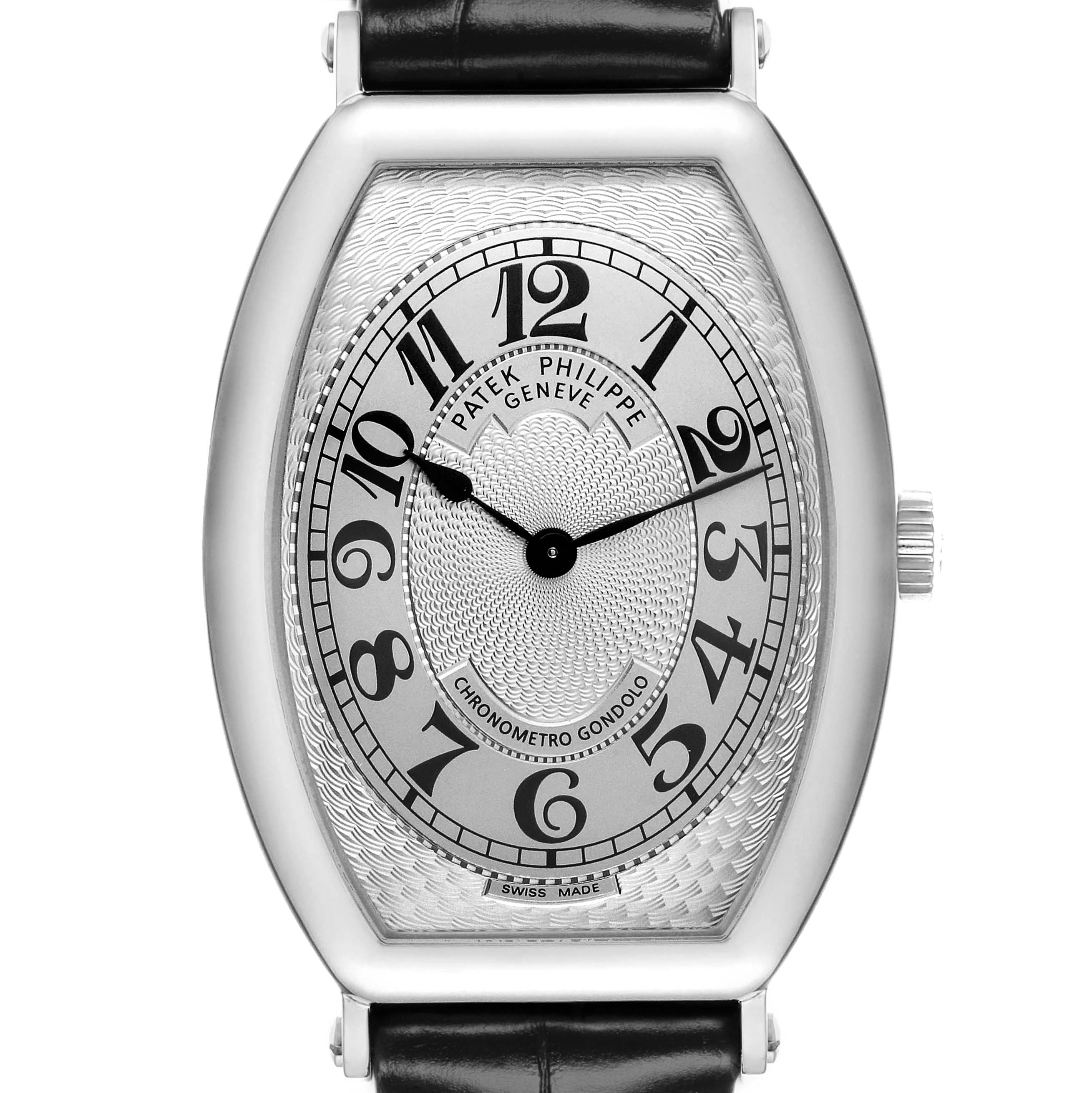 The image shows a frontal view of a Patek Philippe Gondolo 5098P-001 Men's Platinum Silver Dial 5098P-001 Men's Platinum Silver Dial watch, displaying the dial and leather strap.