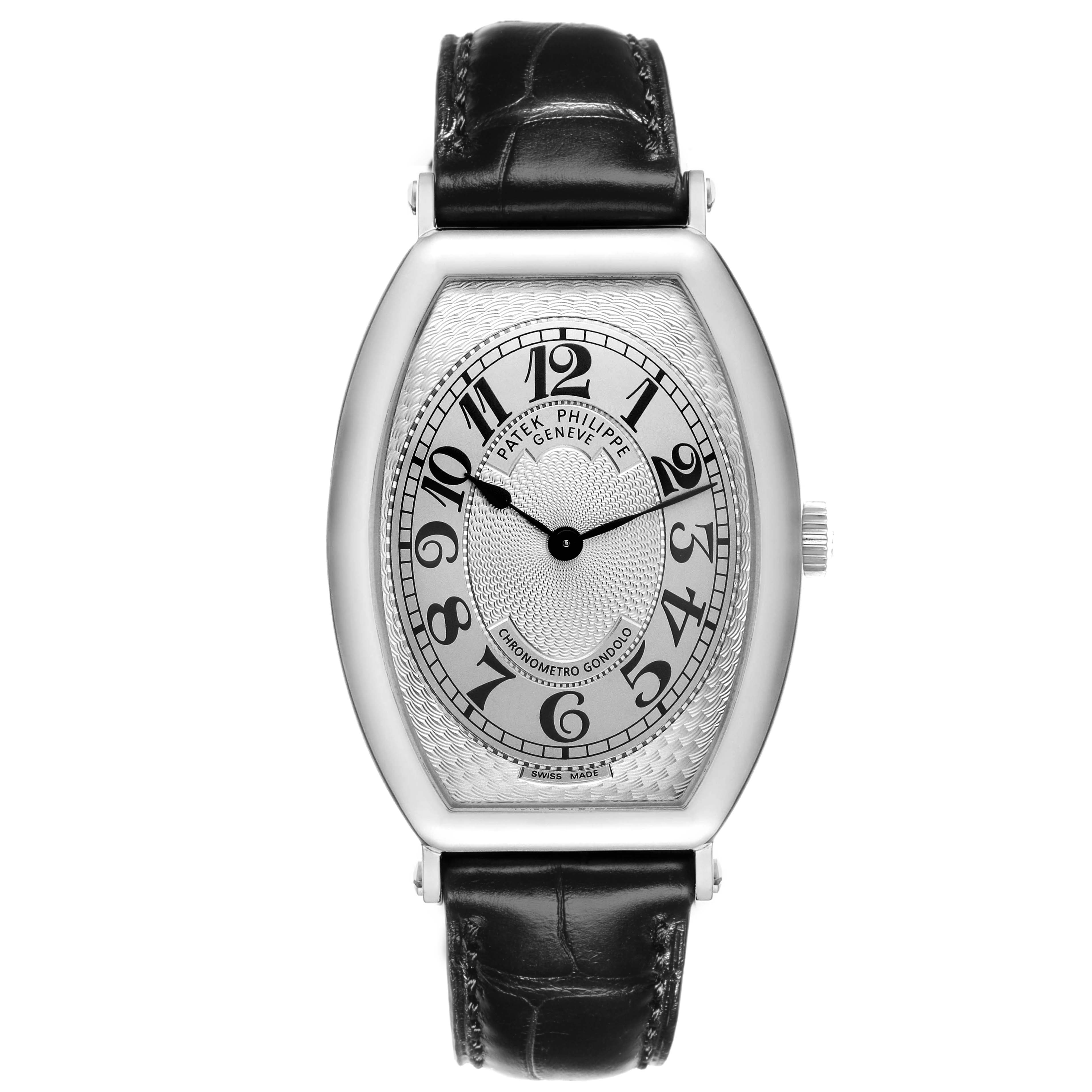 The Patek Philippe Gondolo 5098P-001 Men's Platinum Silver Dial 5098P-001 Men's Platinum Silver Dial watch is shown from the front, displaying its face, numerals, and leather strap.