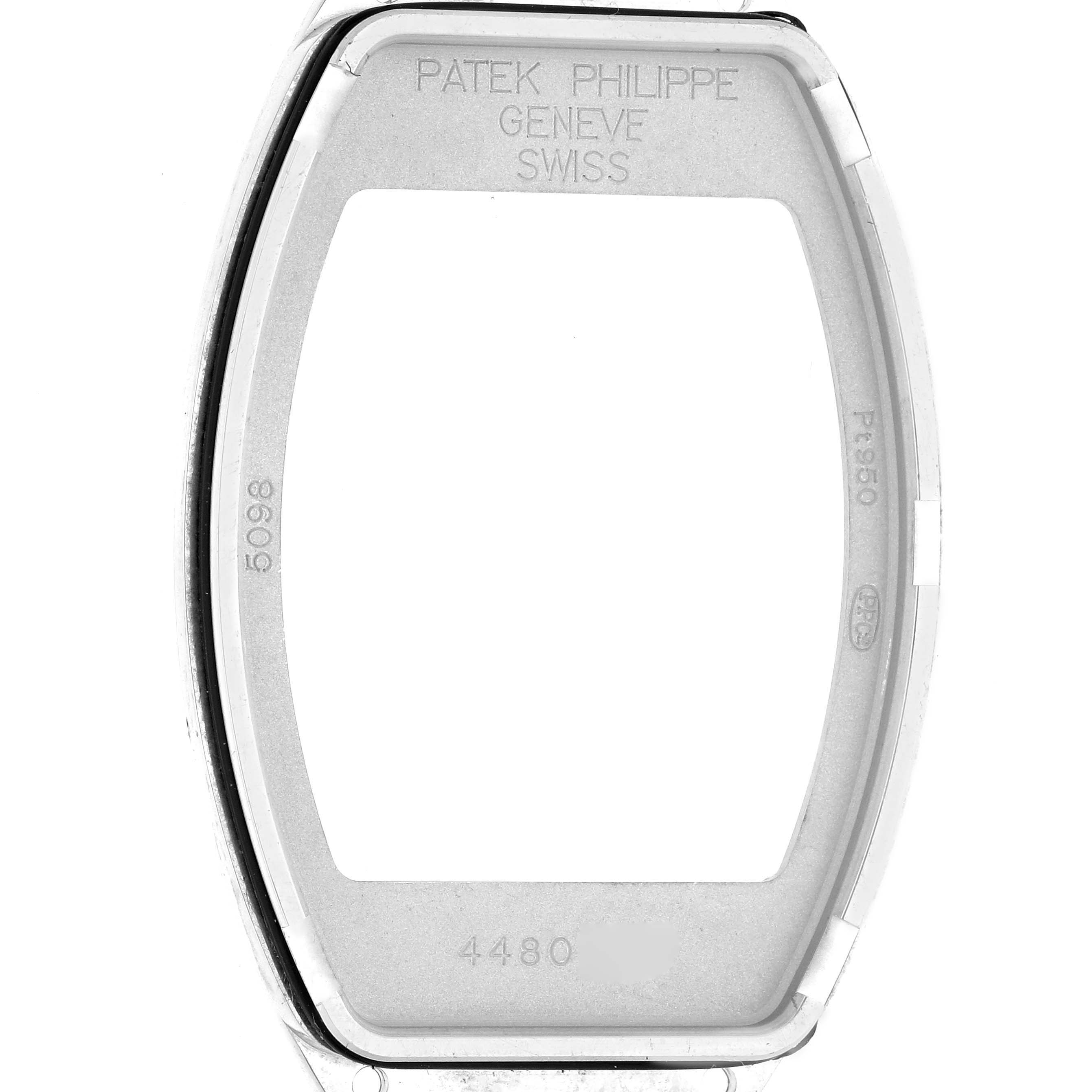 The image shows the case back frame of a Patek Philippe Gondolo 5098P-001 Men's Platinum Silver Dial 5098P-001 Men's Platinum Silver Dial watch from a straight-on angle.