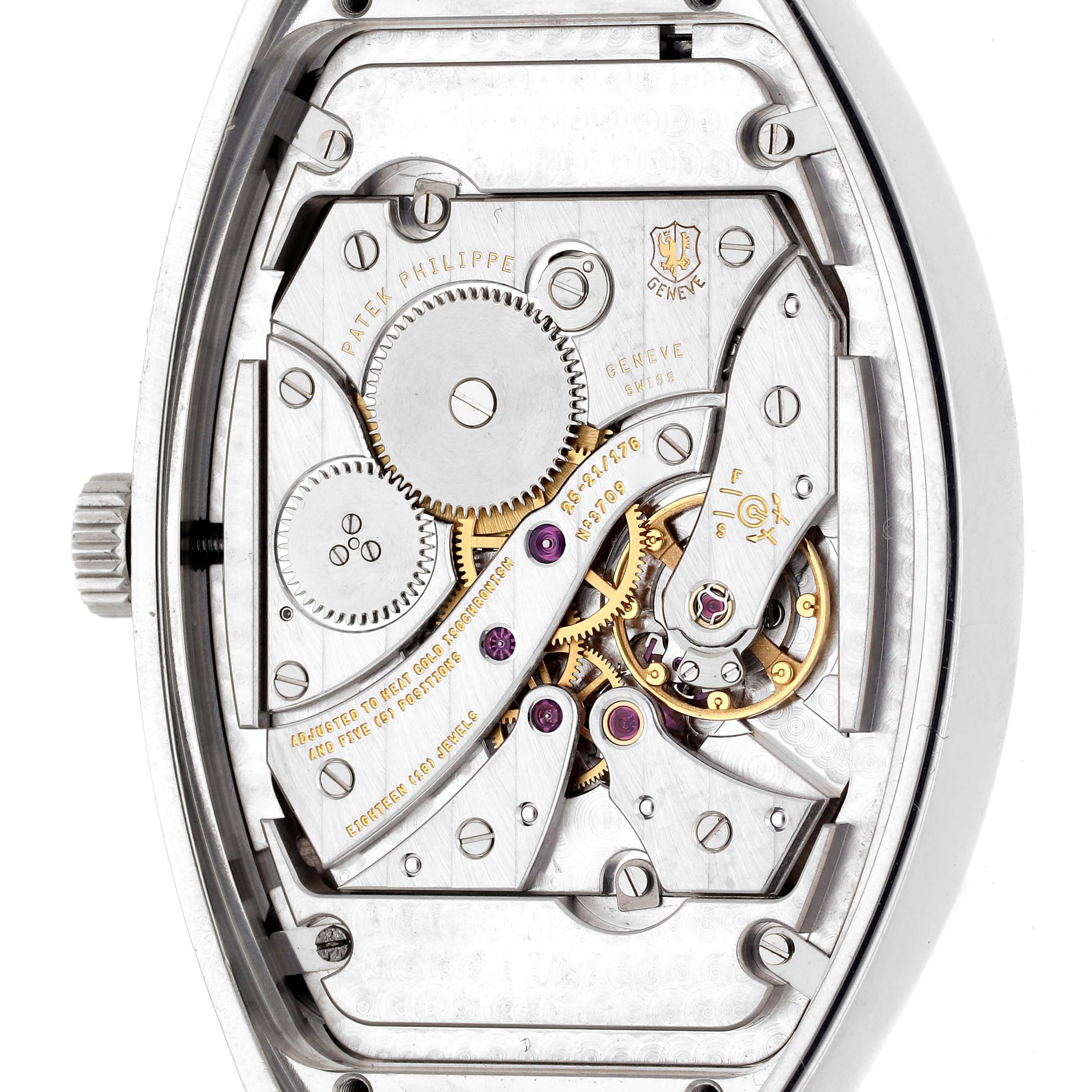 The image shows the intricate movement of the Patek Philippe Gondolo 5098P-001 Men's Platinum Silver Dial 5098P-001 Men's Platinum Silver Dial watch from a close-up, back view angle.