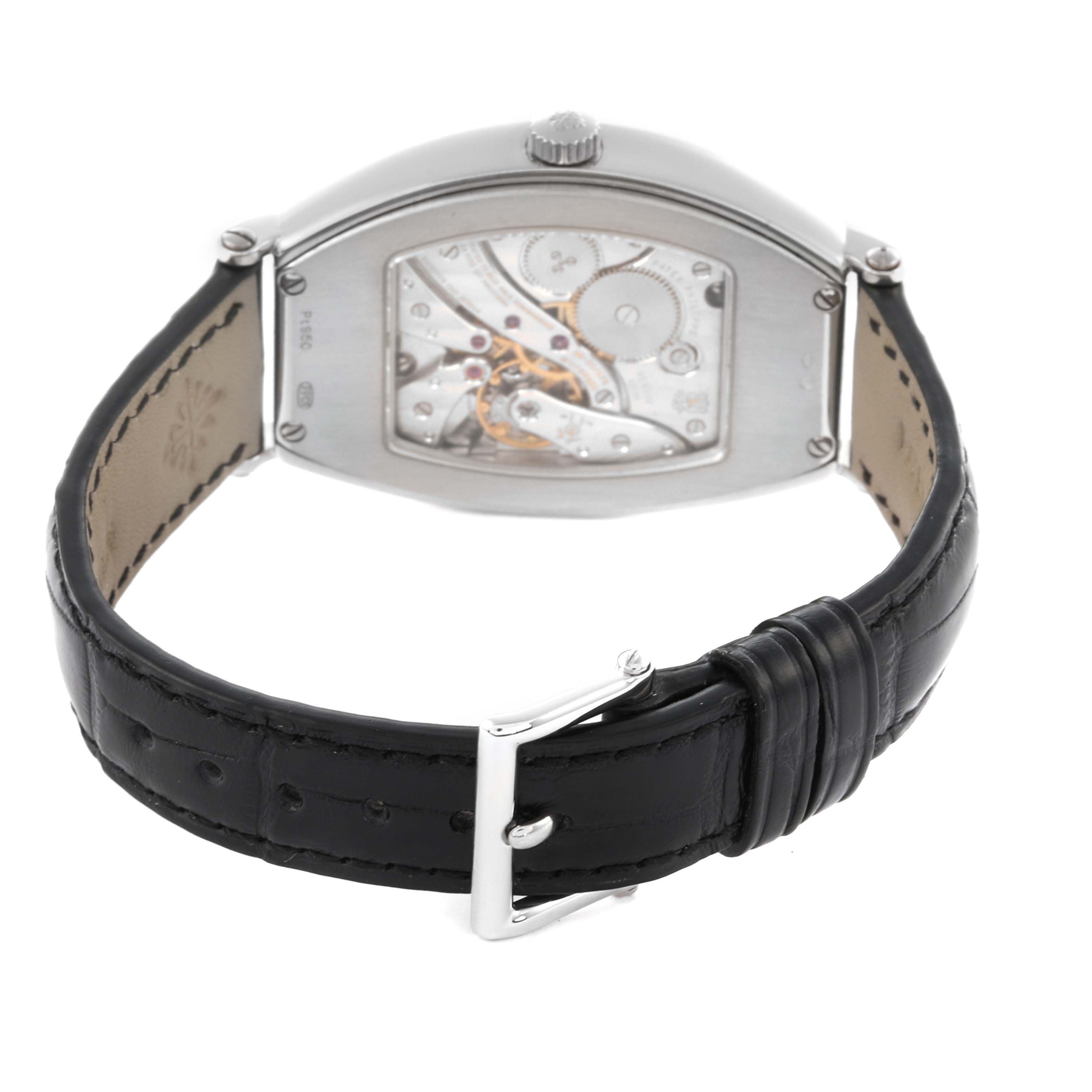 The Patek Philippe Gondolo 5098P-001 Men's Platinum Silver Dial 5098P-001 Men's Platinum Silver Dial watch is shown from the back, highlighting the movement and black leather strap.
