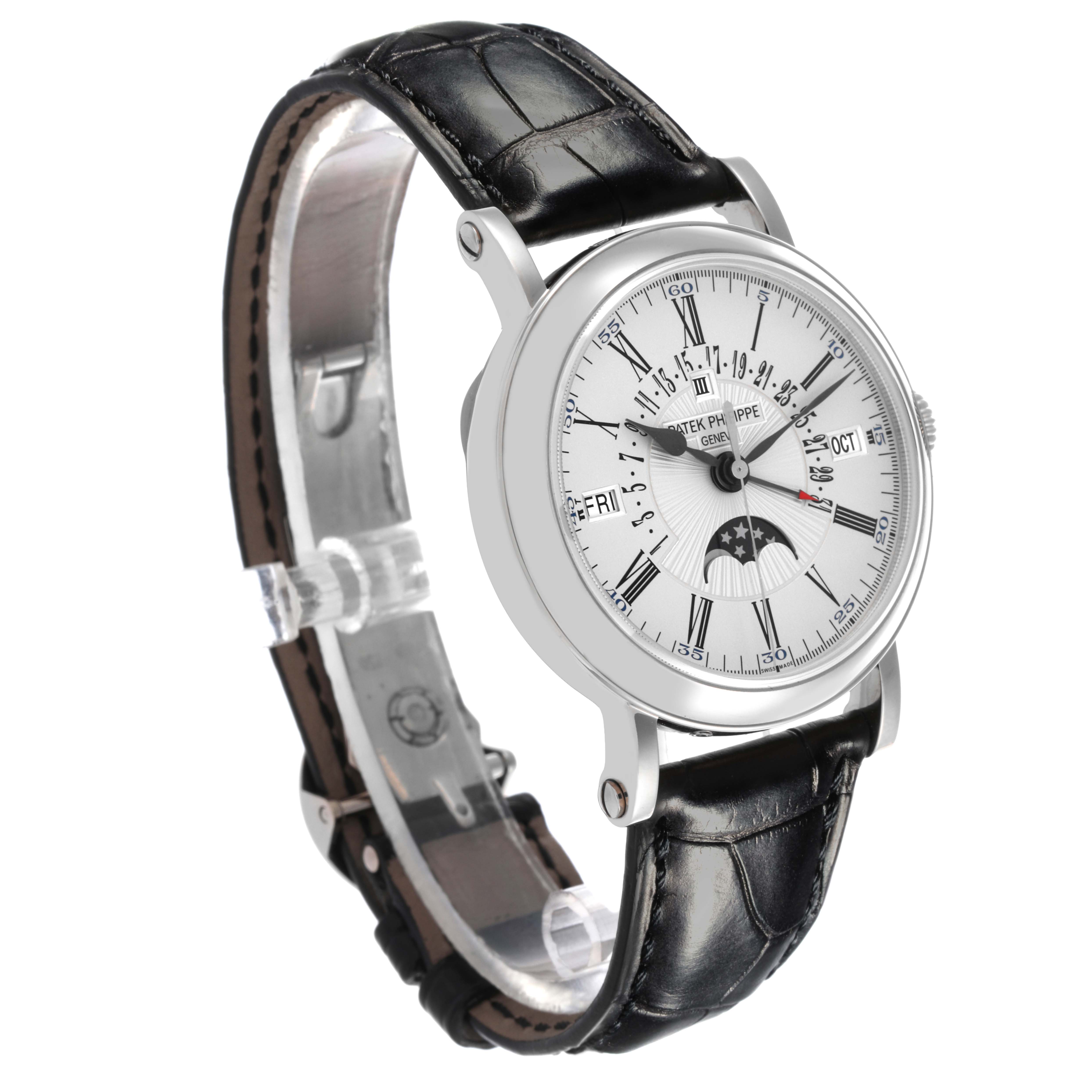 The Patek Philippe Complications 5159G-001 Men's White Gold White Dial 5159G-001 Men's White Gold White Dial watch is shown at a slight angle, displaying the face, strap, and clasp.