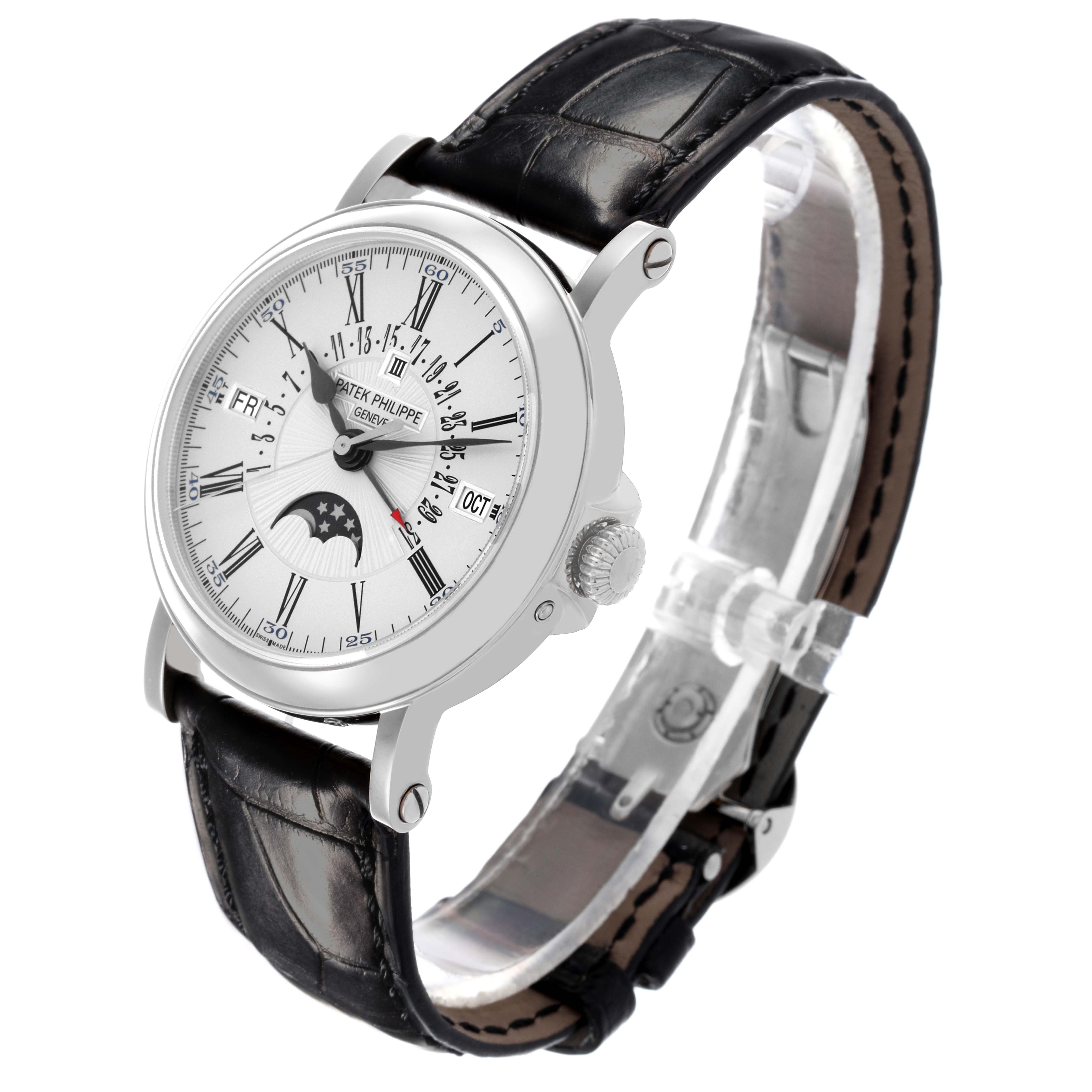 The Patek Philippe Complications 5159G-001 Men's White Gold White Dial 5159G-001 Men's White Gold White Dial watch is shown at a three-quarter angle, displaying the face, crown, and leather strap.