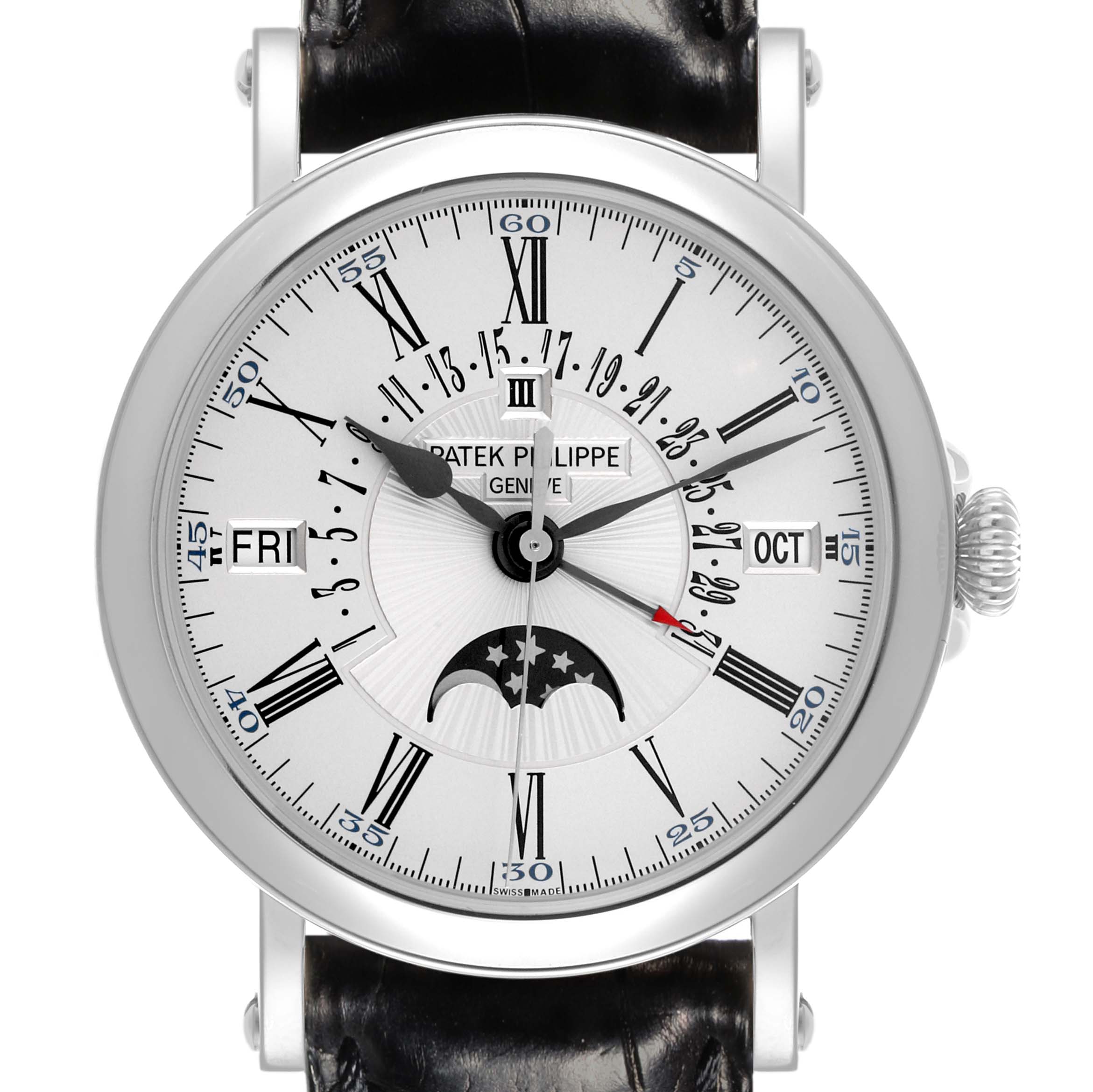 The Patek Philippe Complications 5159G-001 Men's White Gold White Dial 5159G-001 Men's White Gold White Dial model is shown from a front angle, displaying the face, date, day, month, and moon phase features.