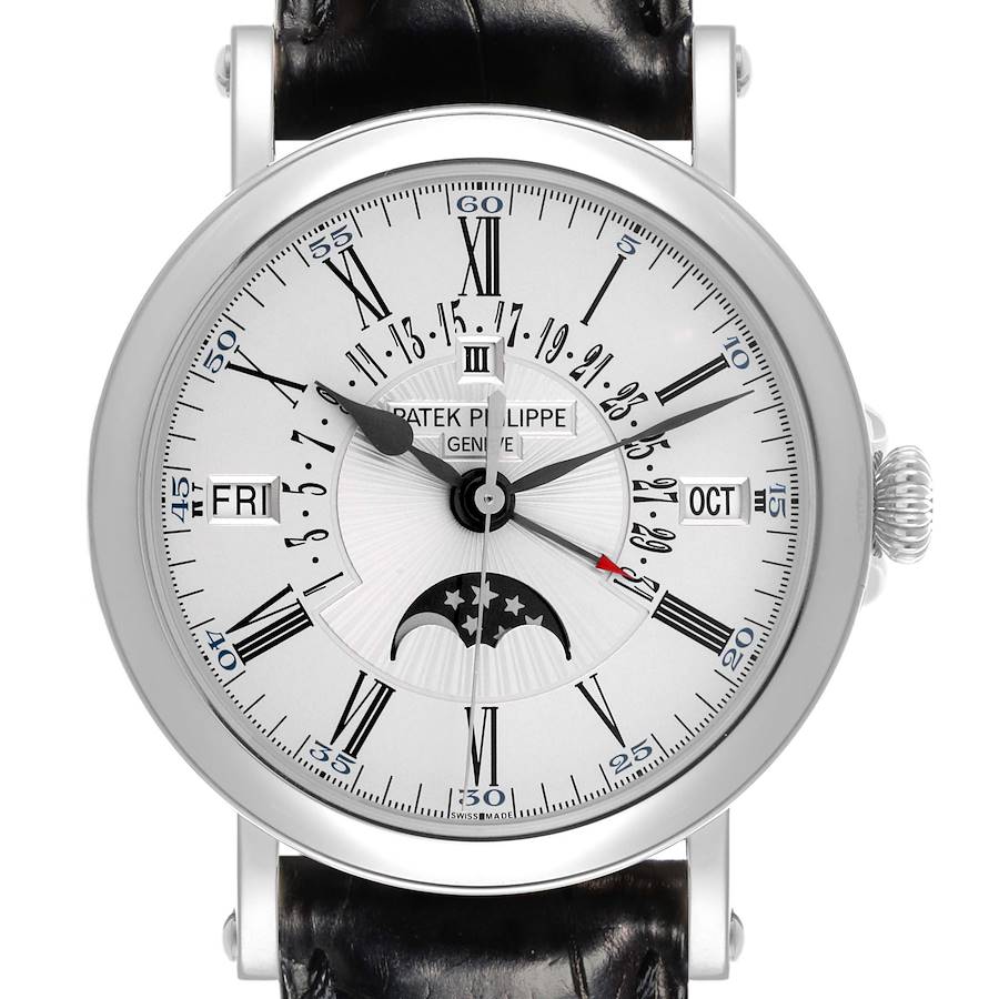 The Patek Philippe Complications model is shown from a front angle, displaying the face, date, day, month, and moon phase features.