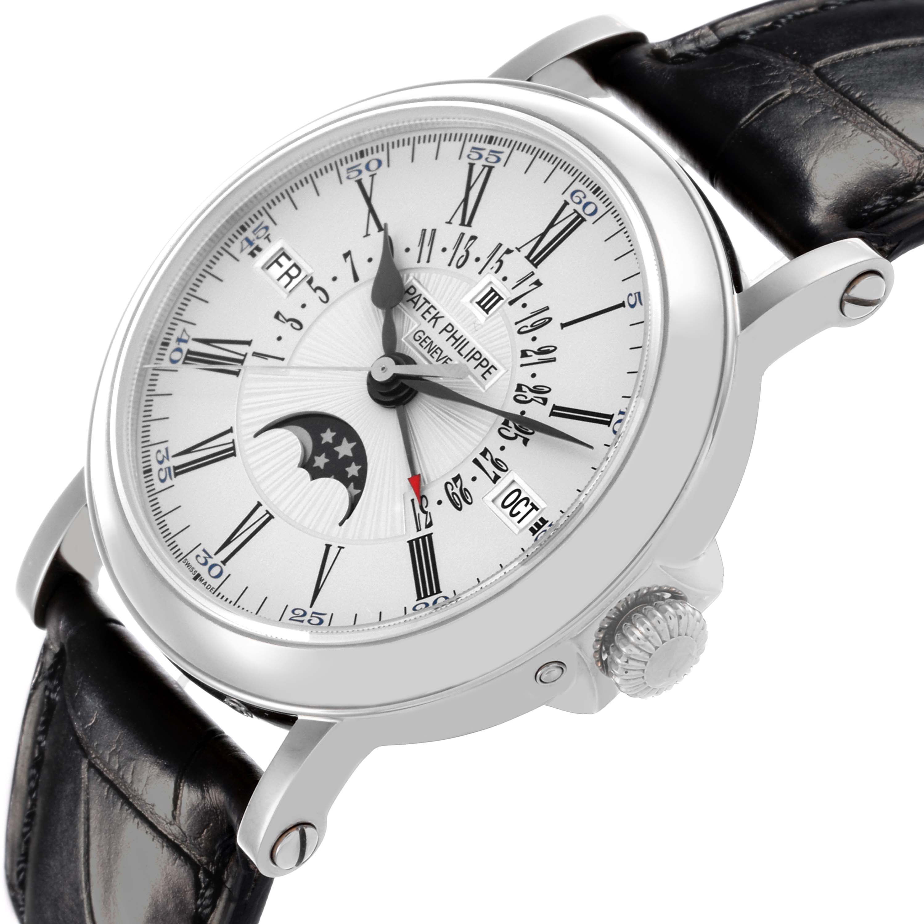 The Patek Philippe Complications 5159G-001 Men's White Gold White Dial 5159G-001 Men's White Gold White Dial watch is shown at an angle displaying the dial, side crown, and part of the black leather strap.