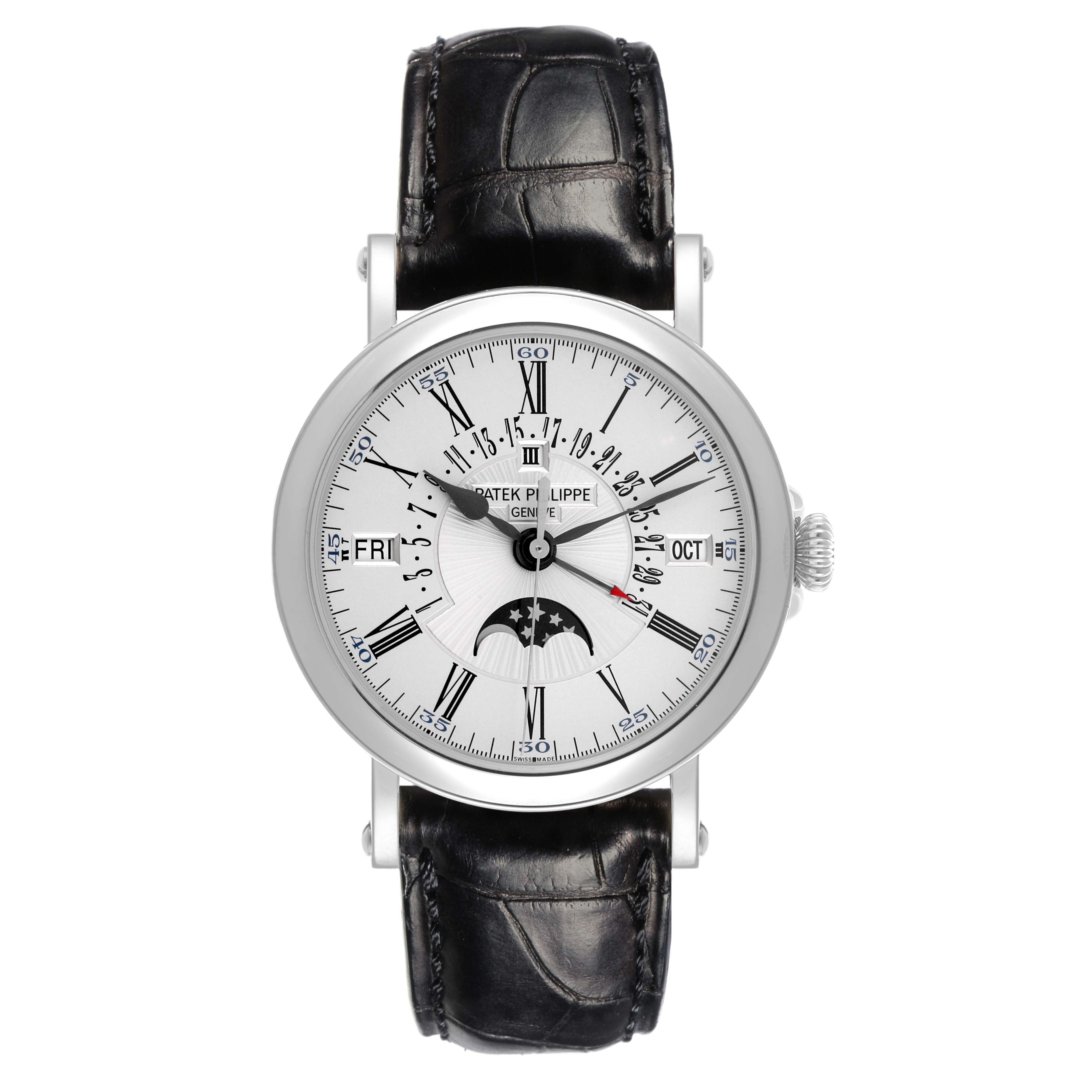 This image shows a frontal view of the Patek Philippe Complications 5159G-001 Men's White Gold White Dial 5159G-001 Men's White Gold White Dial watch, highlighting the watch face and black leather strap.