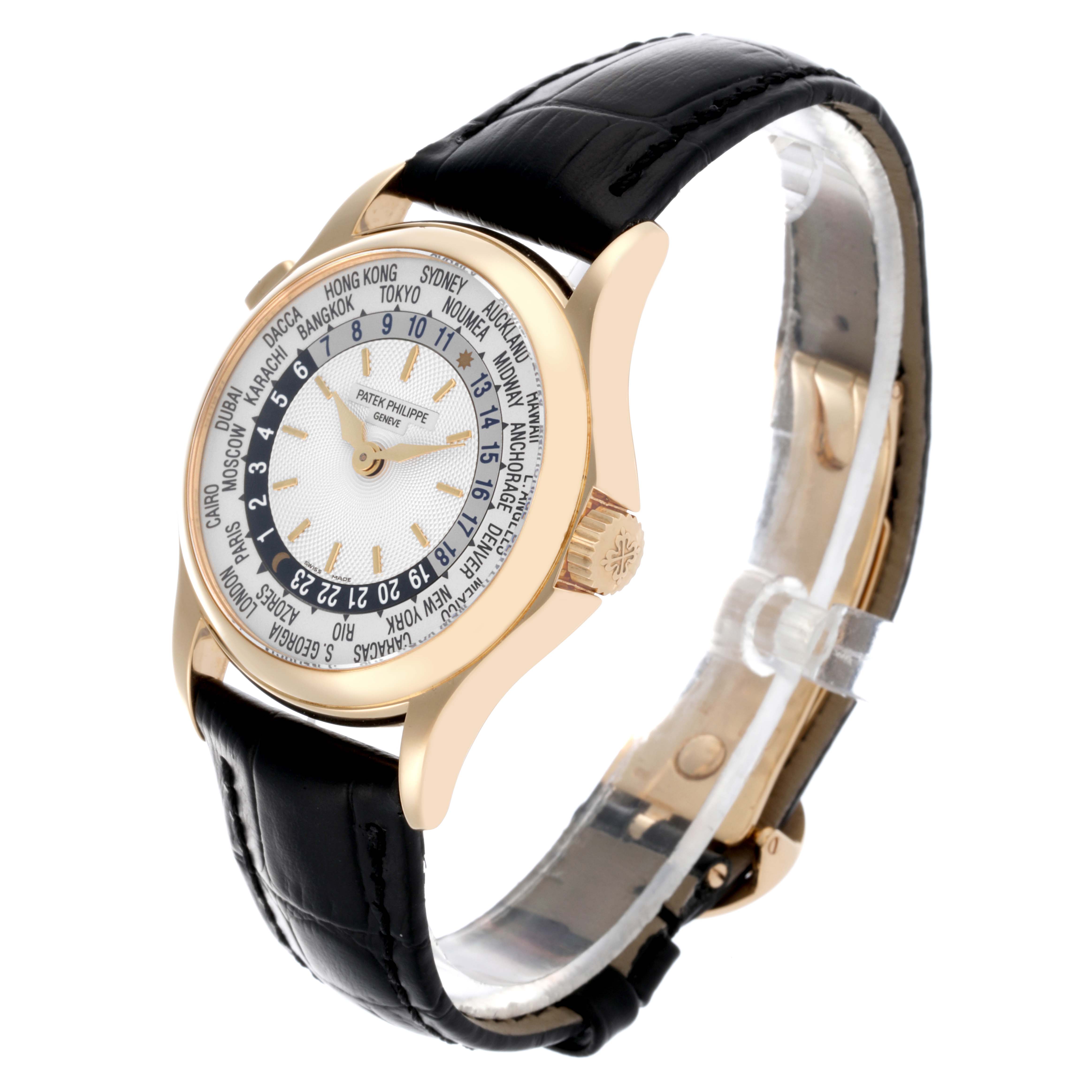 The Patek Philippe Complications 5110J-001 Men's Yellow Gold Silver Dial 5110J-001 Men's Yellow Gold Silver Dial watch is angled to show the face, bezel, and strap from a 3/4 view.