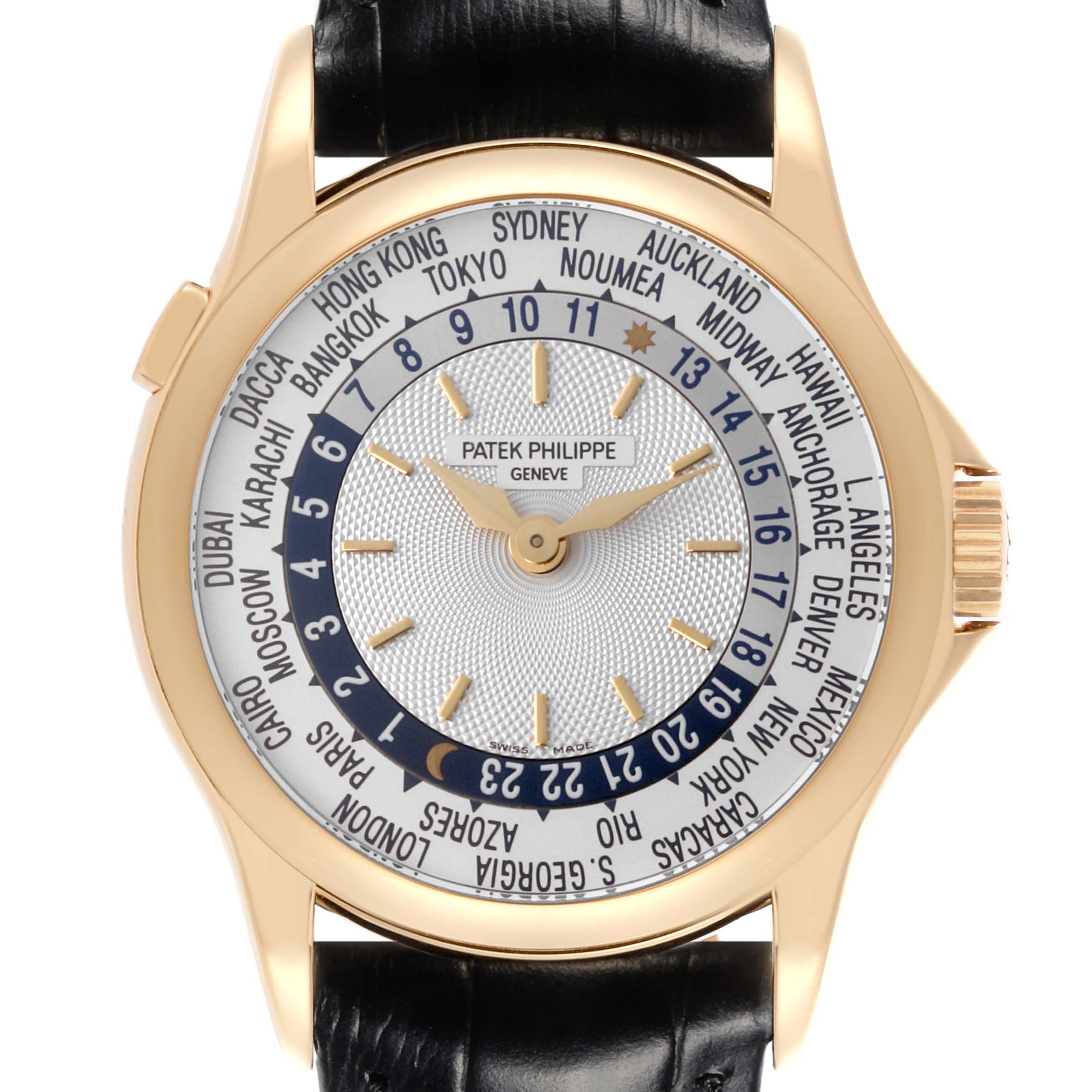 The Patek Philippe Complications 5110J-001 Men's Yellow Gold Silver Dial 5110J-001 Men's Yellow Gold Silver Dial watch is shown from the front, highlighting the dial with world time cities and time indicators.
