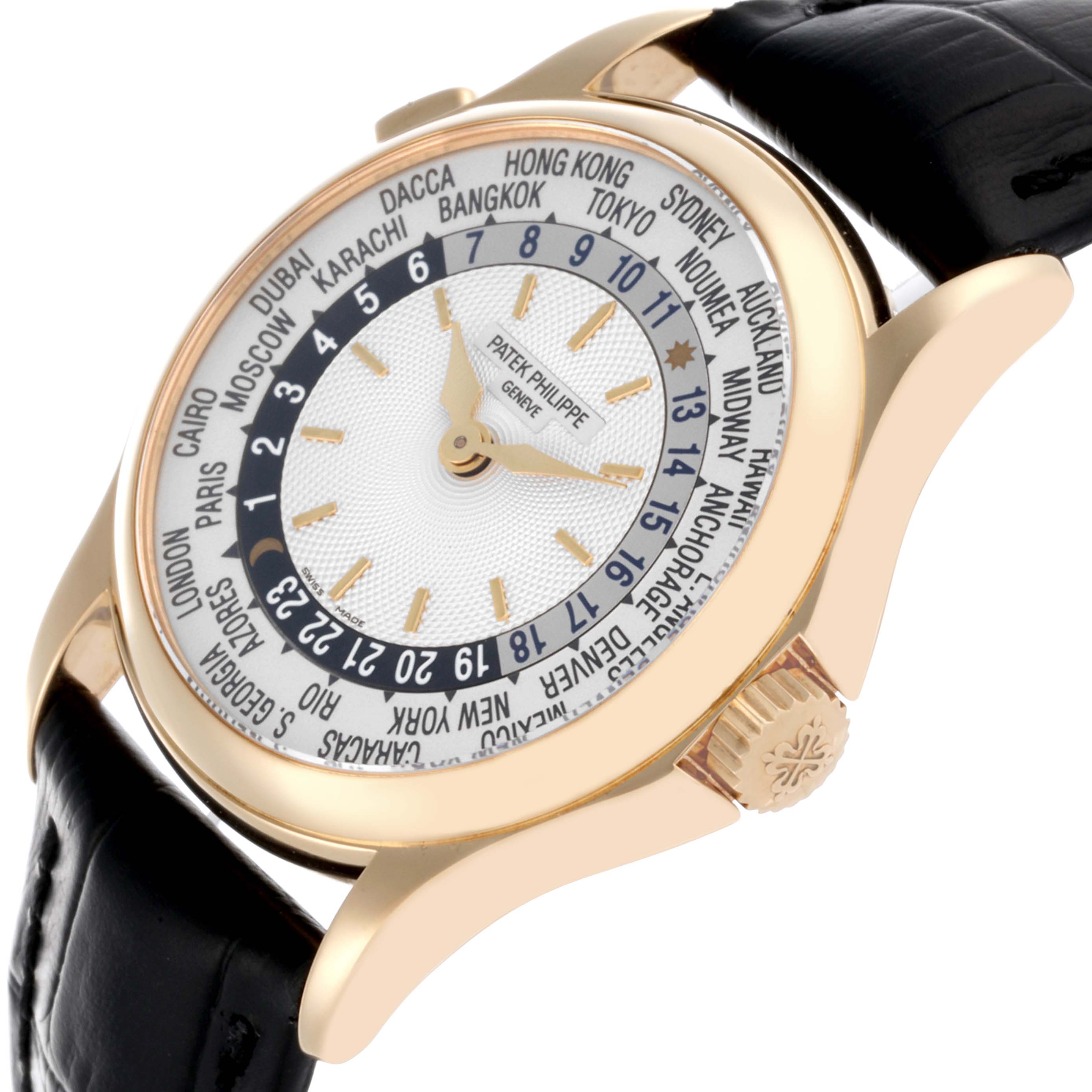 The Patek Philippe Complications 5110J-001 Men's Yellow Gold Silver Dial 5110J-001 Men's Yellow Gold Silver Dial watch is shown from a tilted angle, highlighting the face, bezel, crown, and black leather strap.