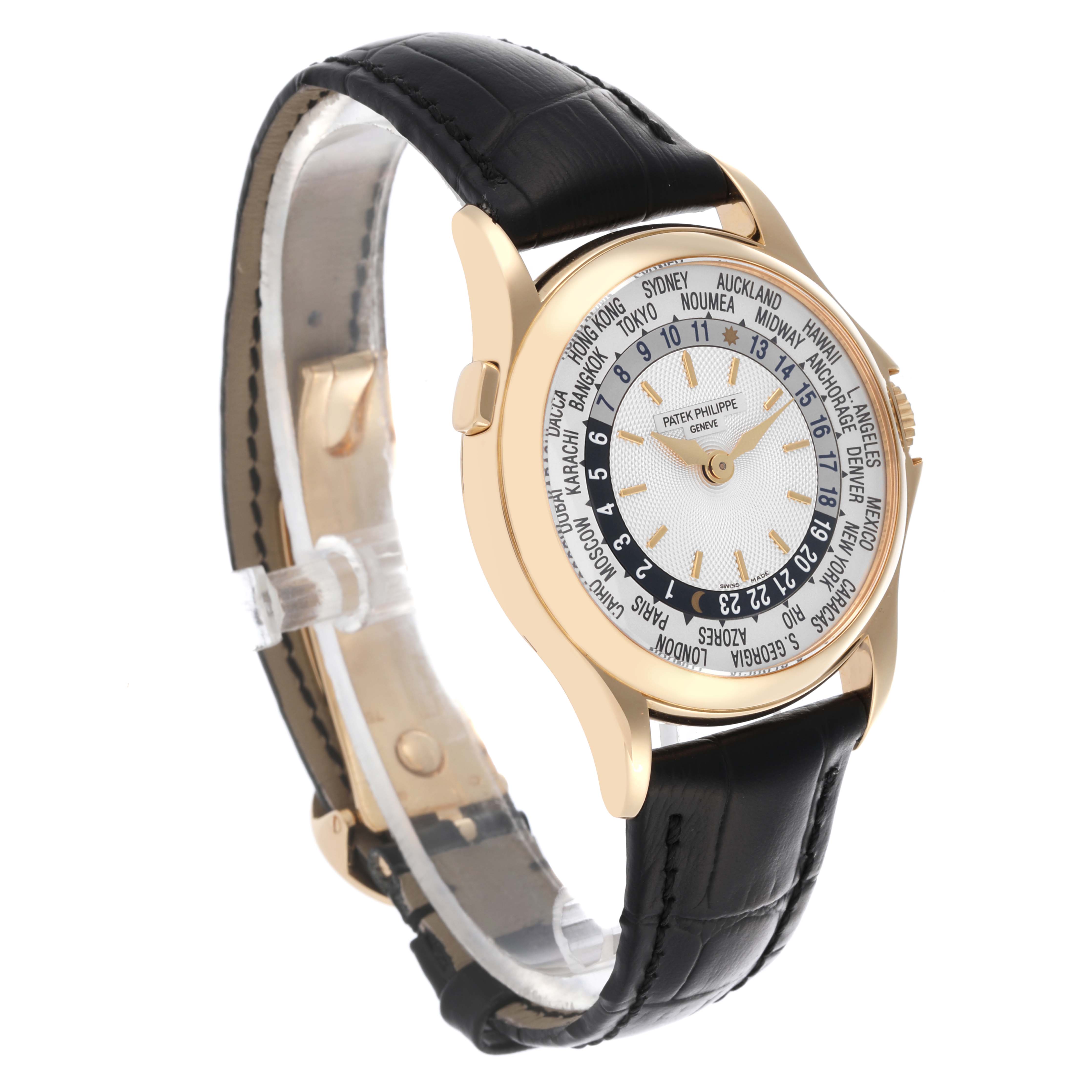 The Patek Philippe Complications 5110J-001 Men's Yellow Gold Silver Dial 5110J-001 Men's Yellow Gold Silver Dial watch is shown at an angle highlighting the face, bezel, case, and black leather strap.