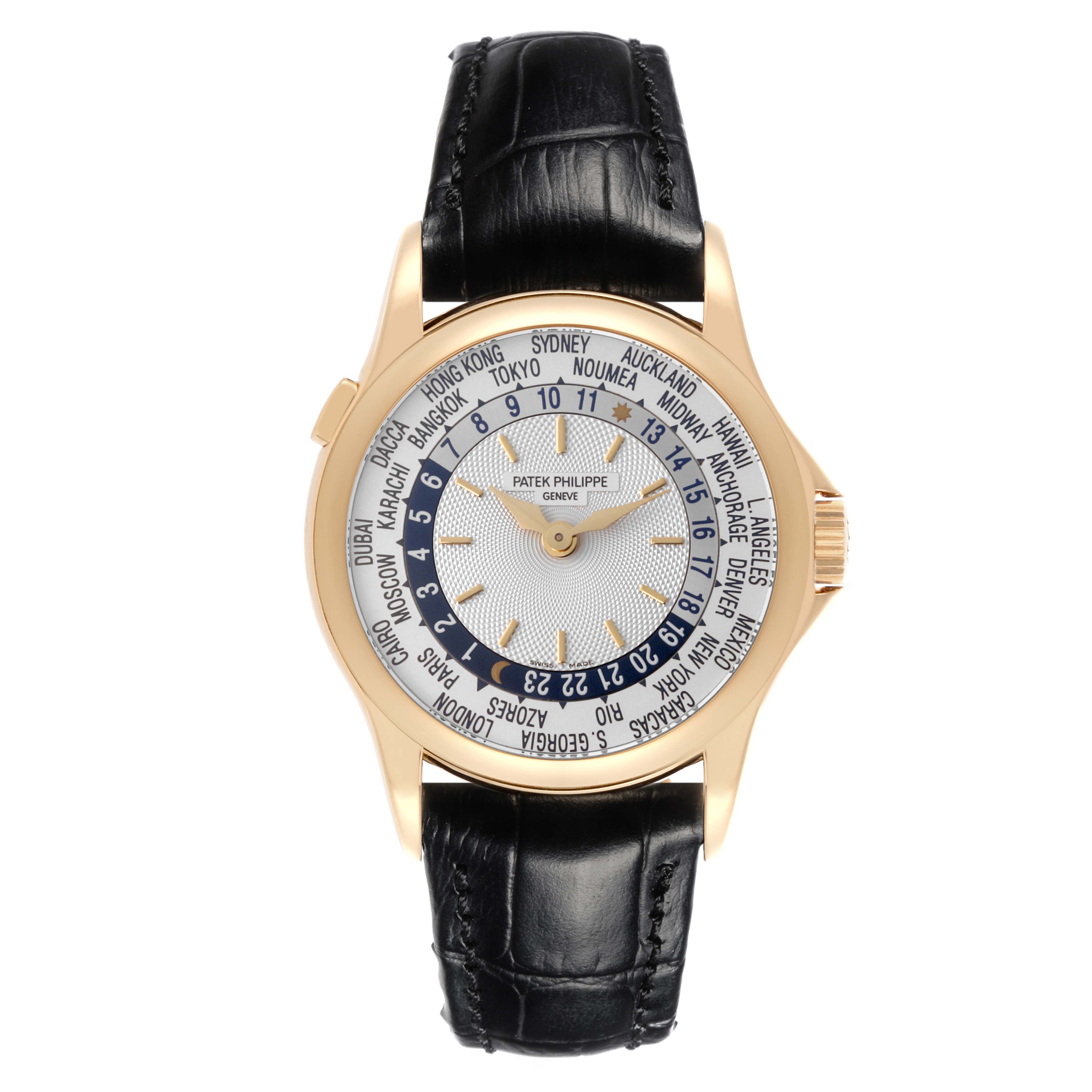 The Patek Philippe Complications 5110J-001 Men's Yellow Gold Silver Dial 5110J-001 Men's Yellow Gold Silver Dial watch is shown from a top-down angle, displaying the face, strap, and crown.