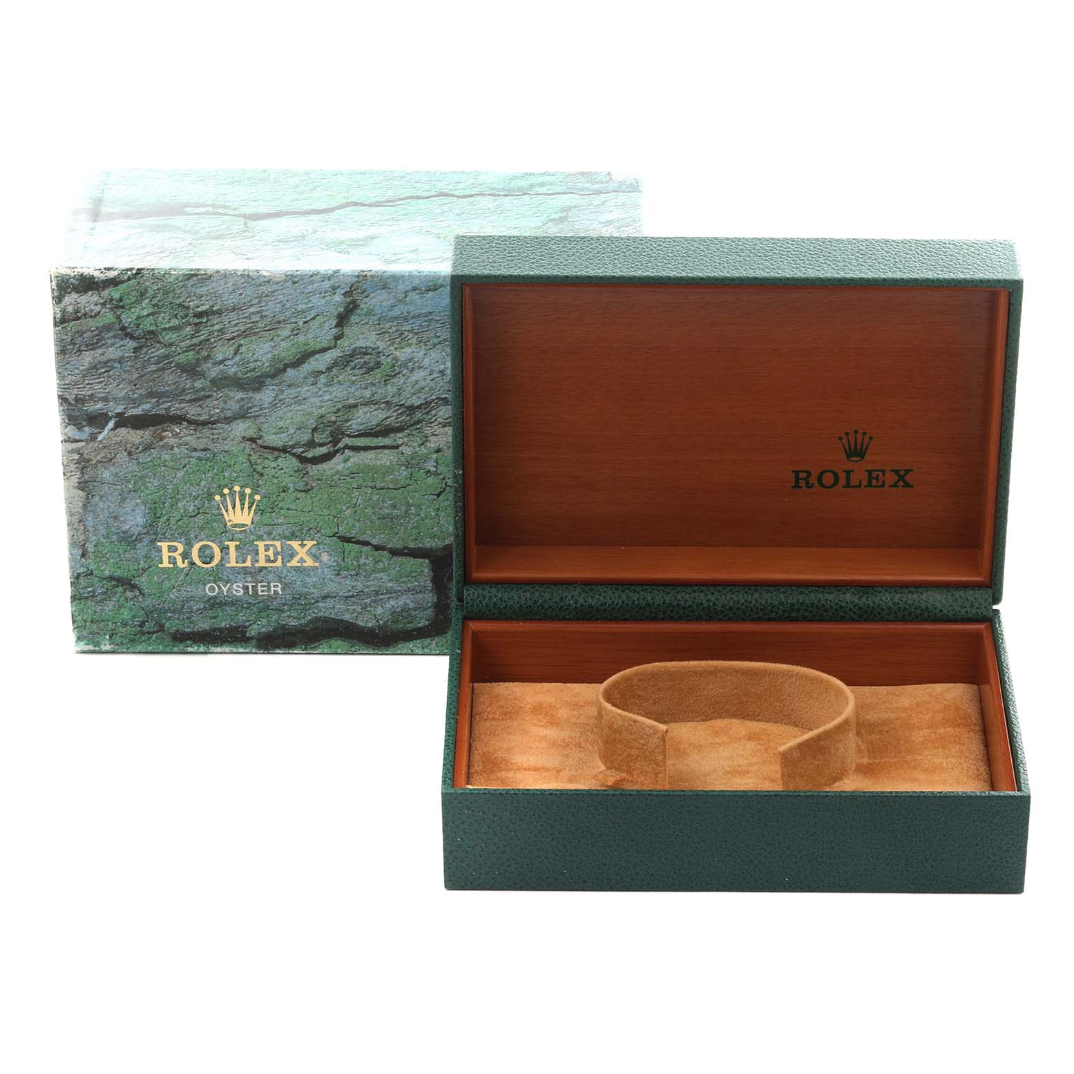 The image shows a Rolex Air-King 14000M Men's Stainless Steel Black Dial 14000M Men's Stainless Steel Black Dial box set, including an open green box and an outer sleeve with the brand logo.