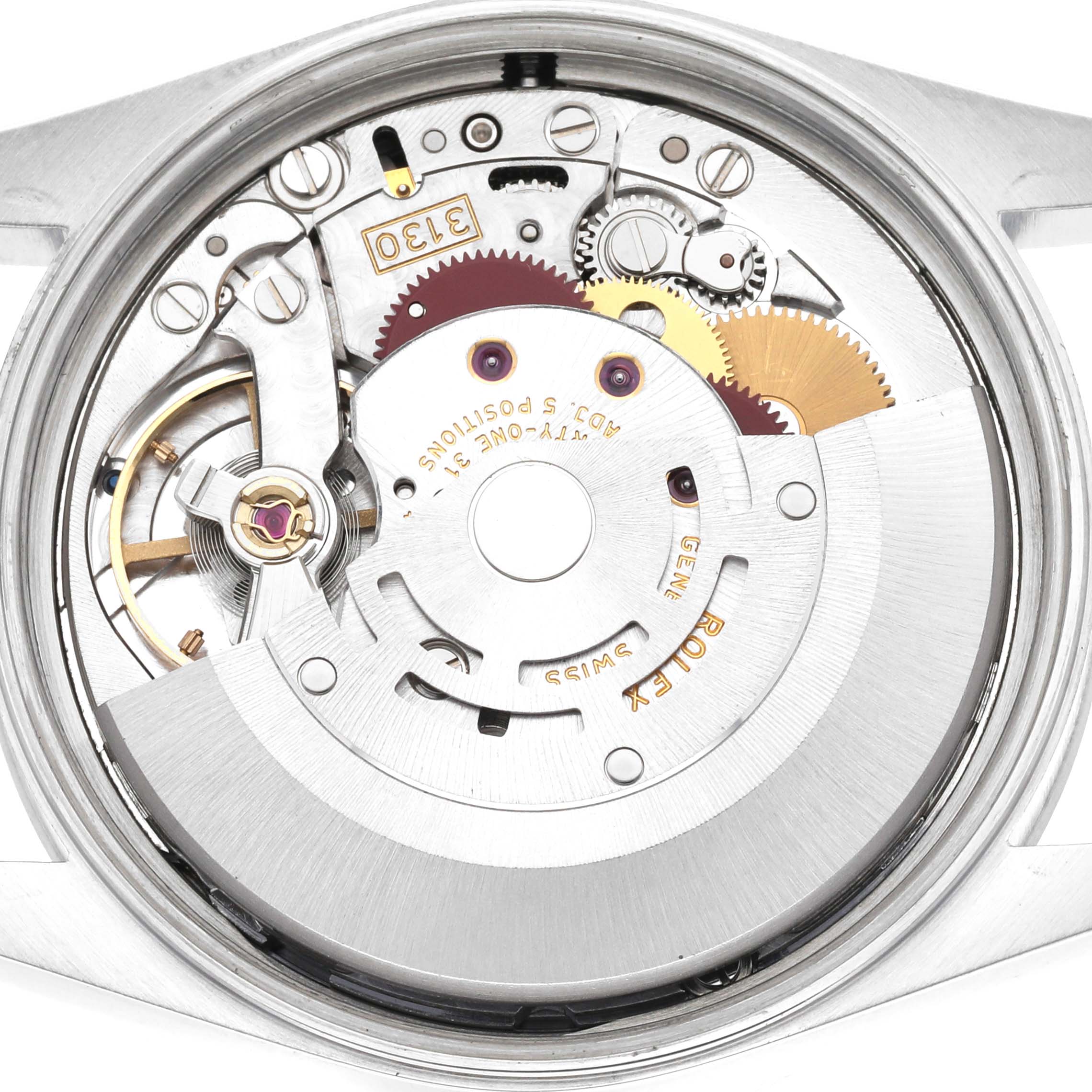 The image shows the internal mechanism of the Rolex Air-King 14000M Men's Stainless Steel Black Dial 14000M Men's Stainless Steel Black Dial, highlighting gears and the rotor from a back view.