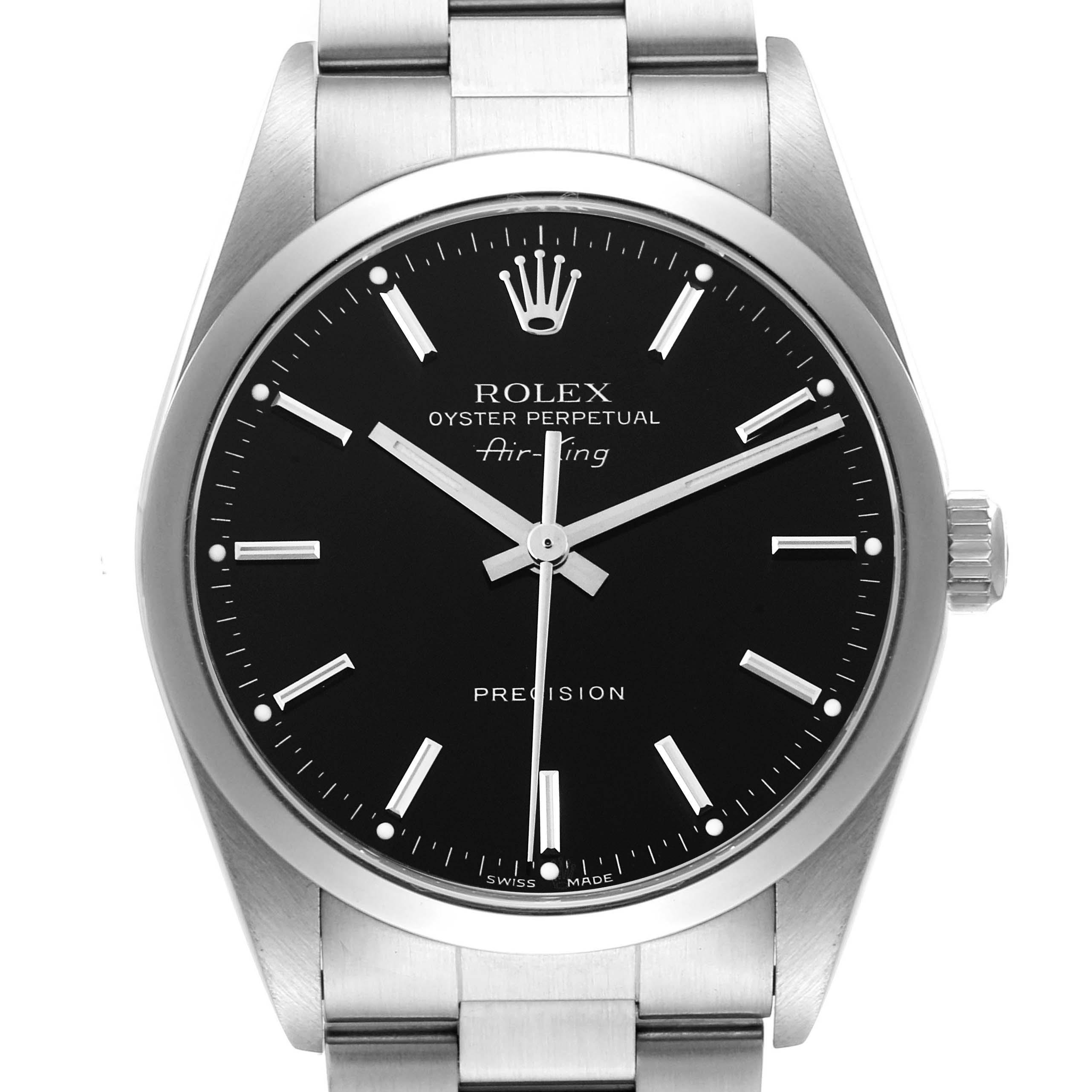The Rolex Air-King 14000M Men's Stainless Steel Black Dial 14000M Men's Stainless Steel Black Dial watch is shown from a frontal angle, highlighting the dial and part of the bracelet.