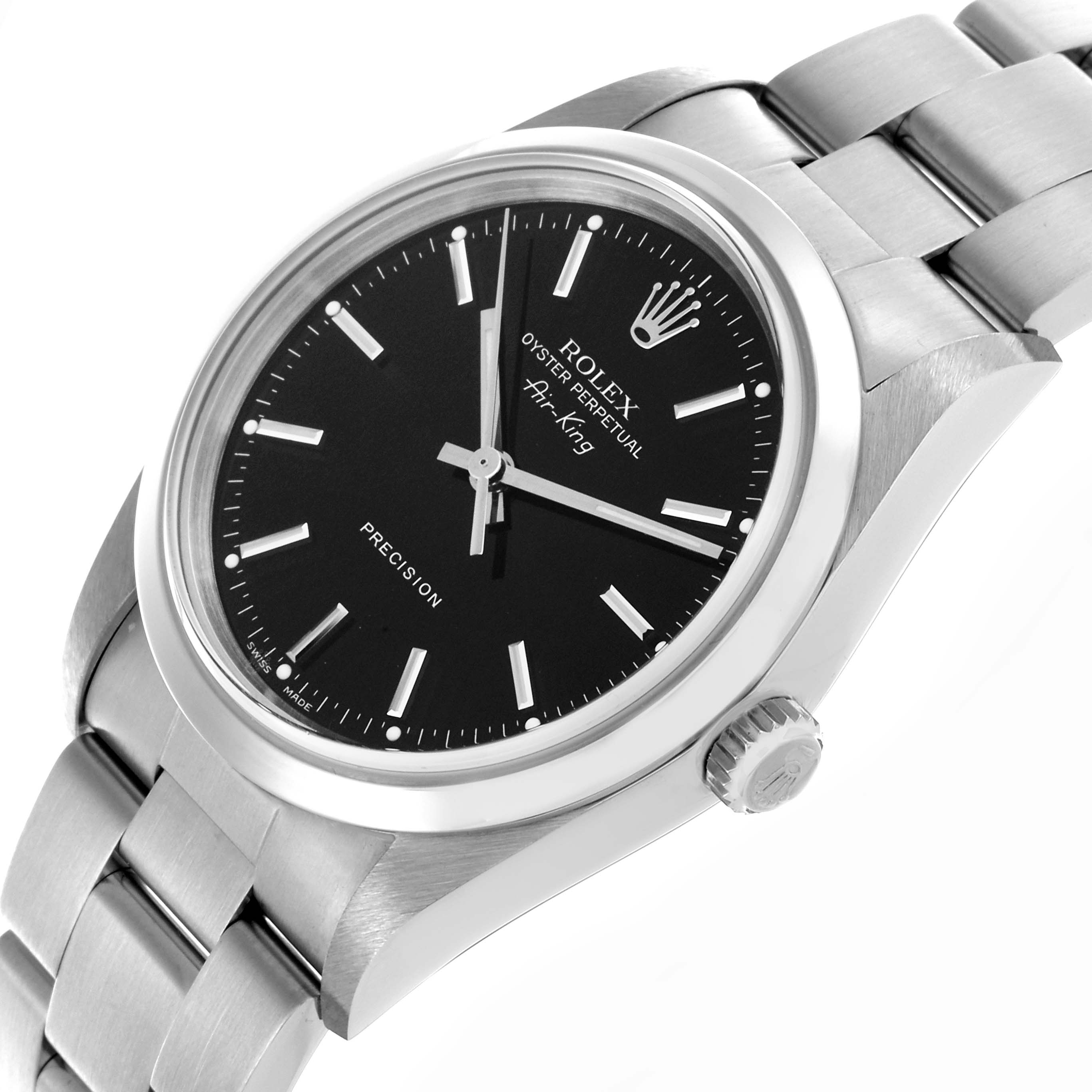 The Rolex Air-King 14000M Men's Stainless Steel Black Dial 14000M Men's Stainless Steel Black Dial is shown at a slight angle, displaying the face, bezel, crown, and part of the bracelet.