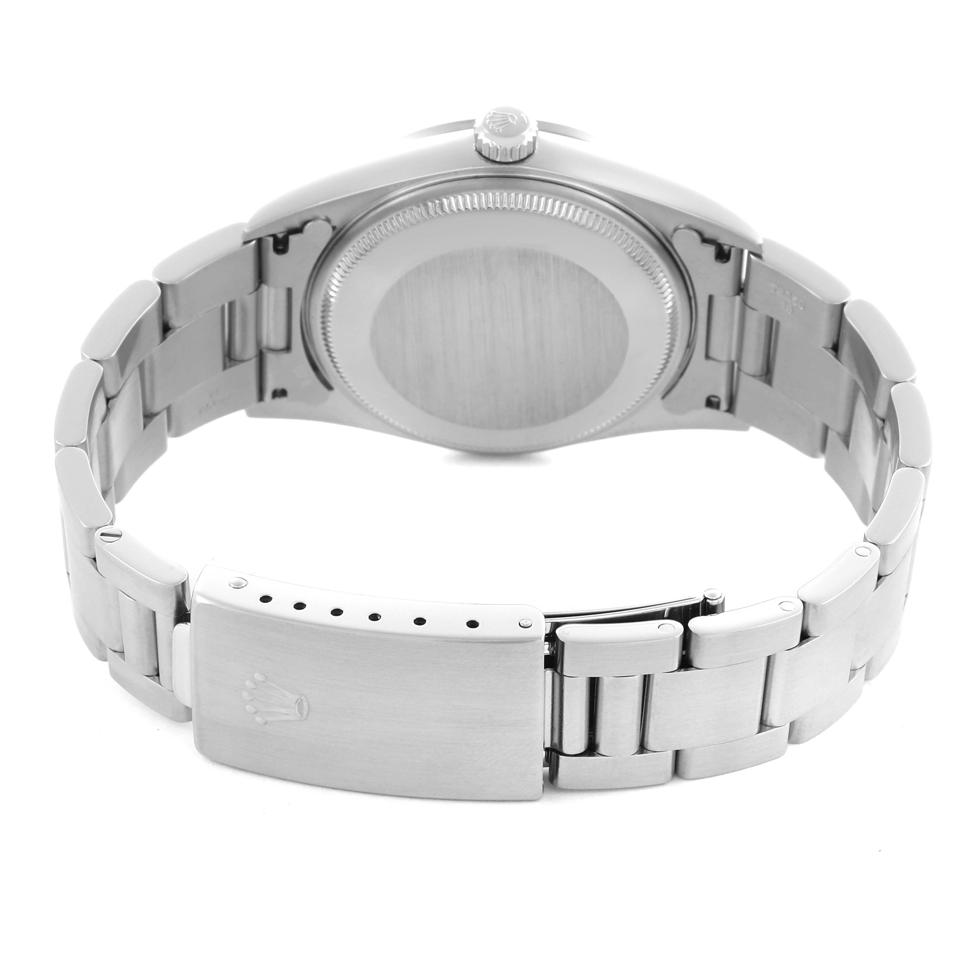 The image shows the back view of the Rolex Air-King 14000M Men's Stainless Steel Black Dial 14000M Men's Stainless Steel Black Dial, highlighting the case back, bracelet, and clasp.