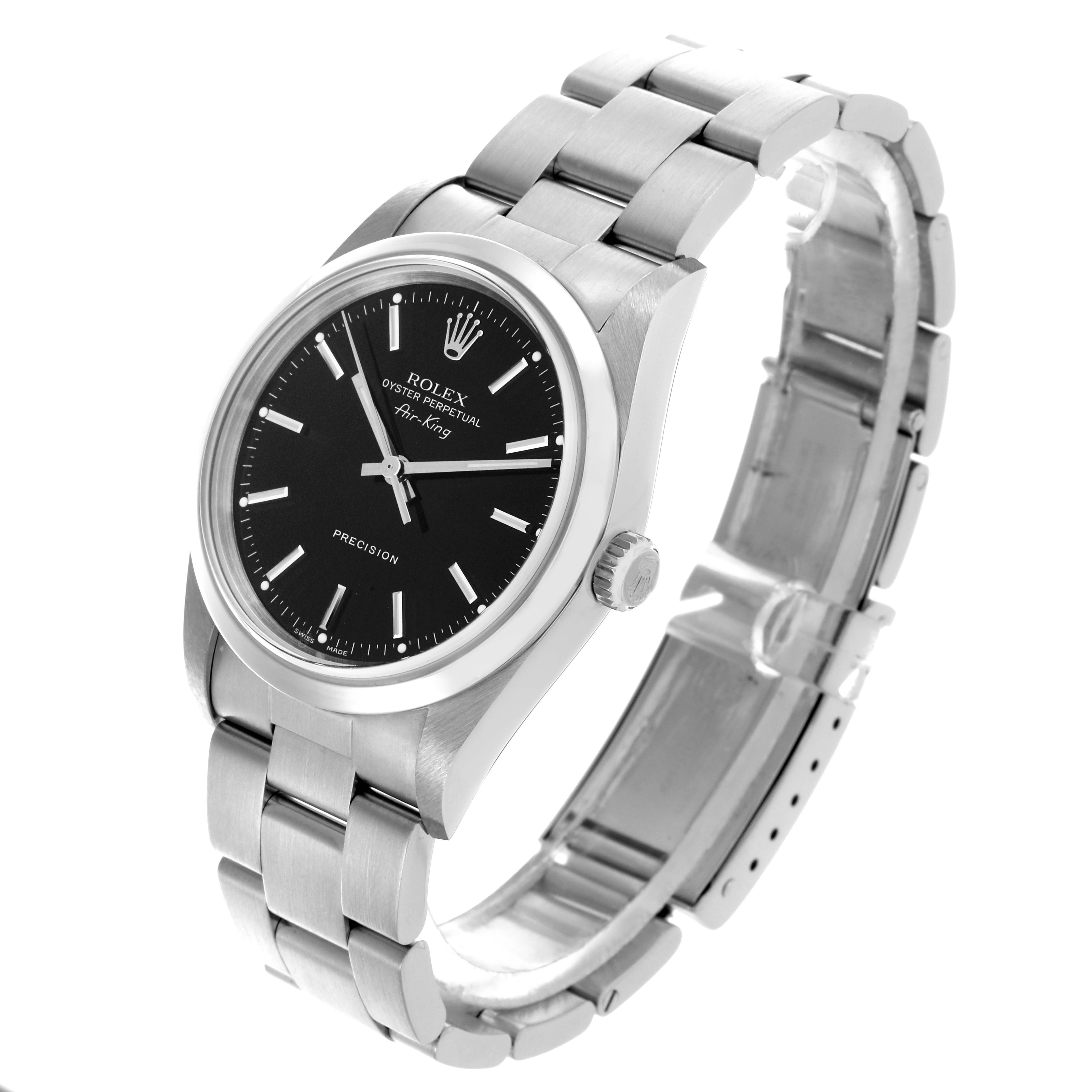 The Rolex Air-King 14000M Men's Stainless Steel Black Dial 14000M Men's Stainless Steel Black Dial watch is shown at a slight angle, displaying the black dial, silver case, crown, and bracelet.