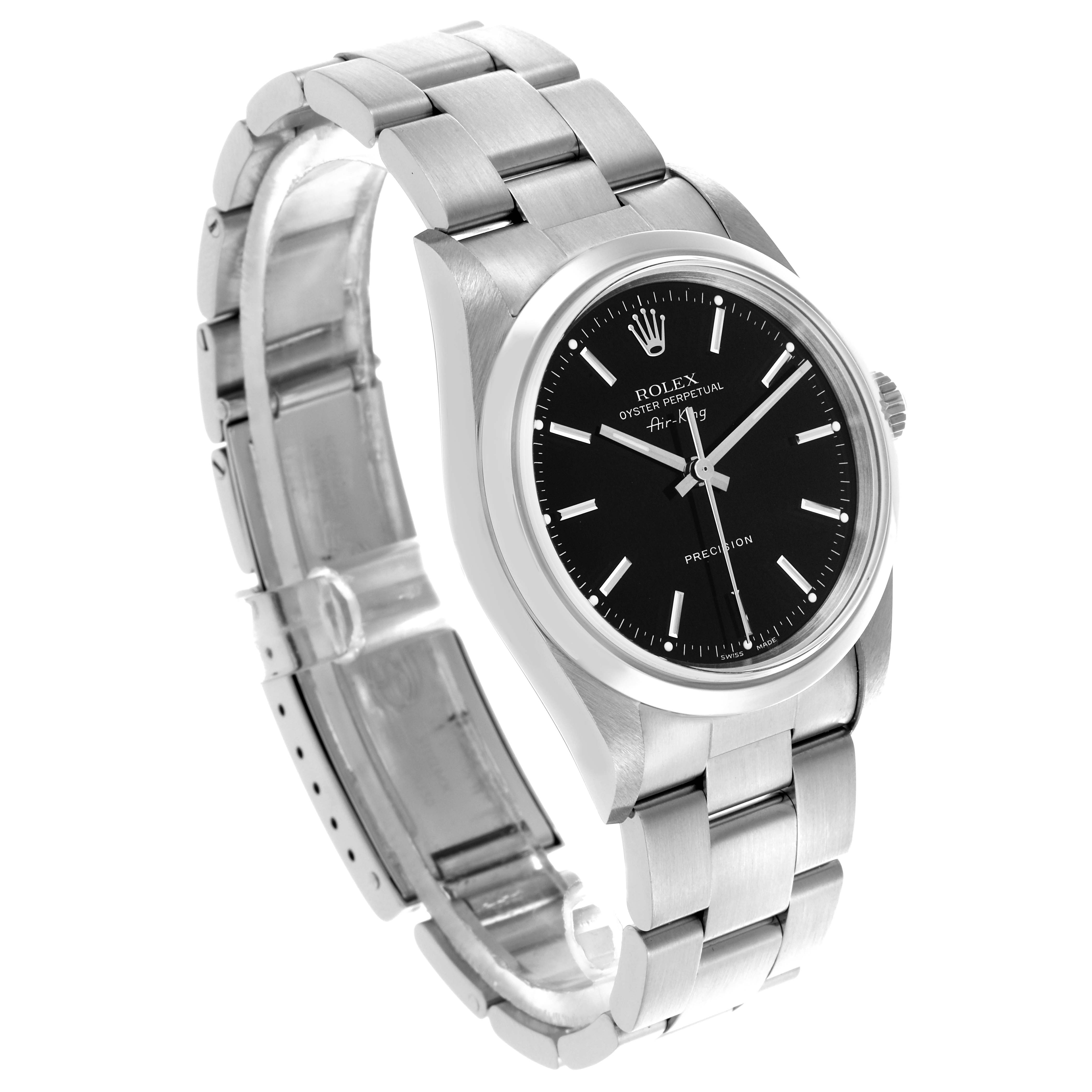 The Rolex Air-King 14000M Men's Stainless Steel Black Dial 14000M Men's Stainless Steel Black Dial watch is shown at a three-quarter angle, displaying the face, bezel, and part of the bracelet.