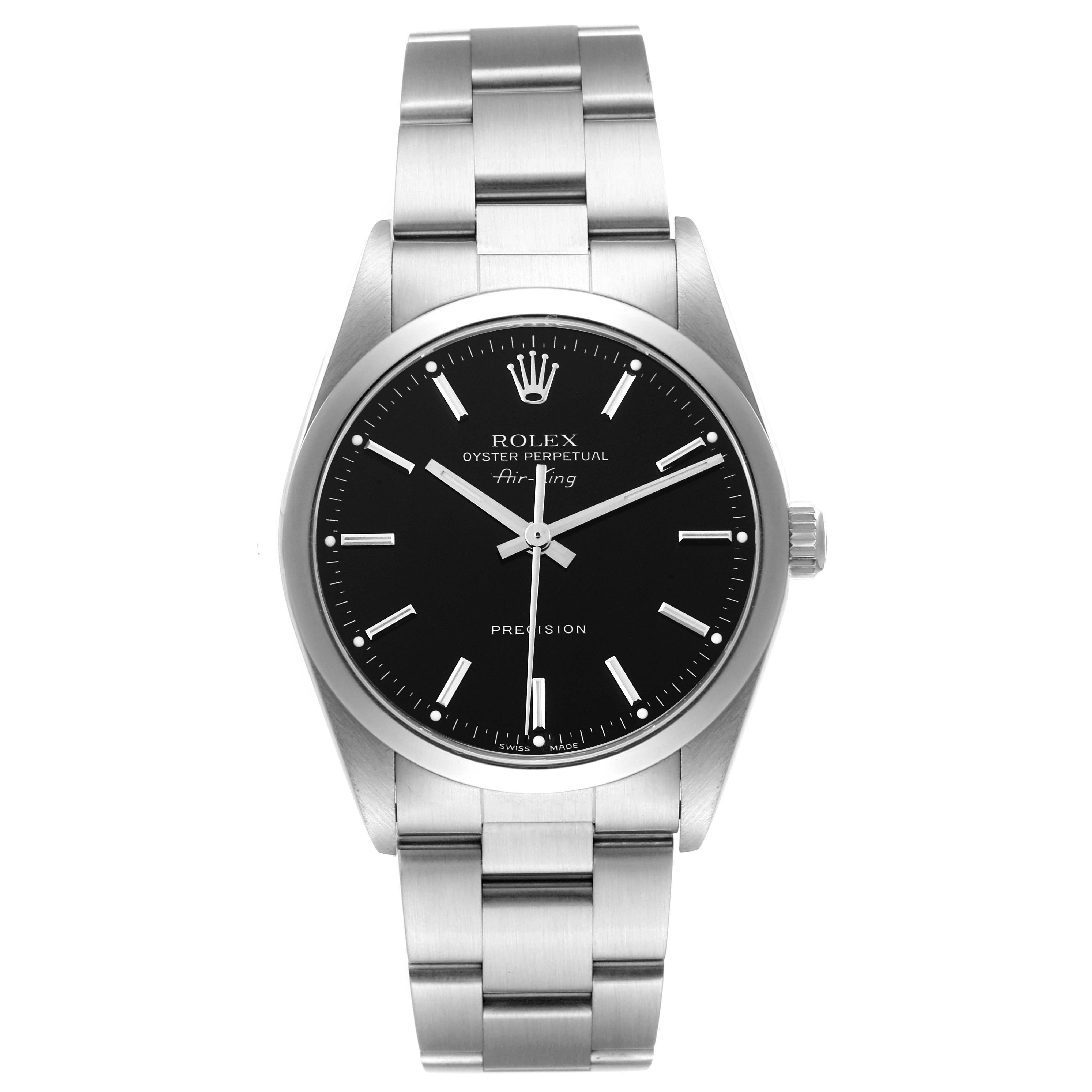 The Rolex Air-King 14000M Men's Stainless Steel Black Dial 14000M Men's Stainless Steel Black Dial is shown from a front angle, displaying the watch face, bezel, and bracelet.