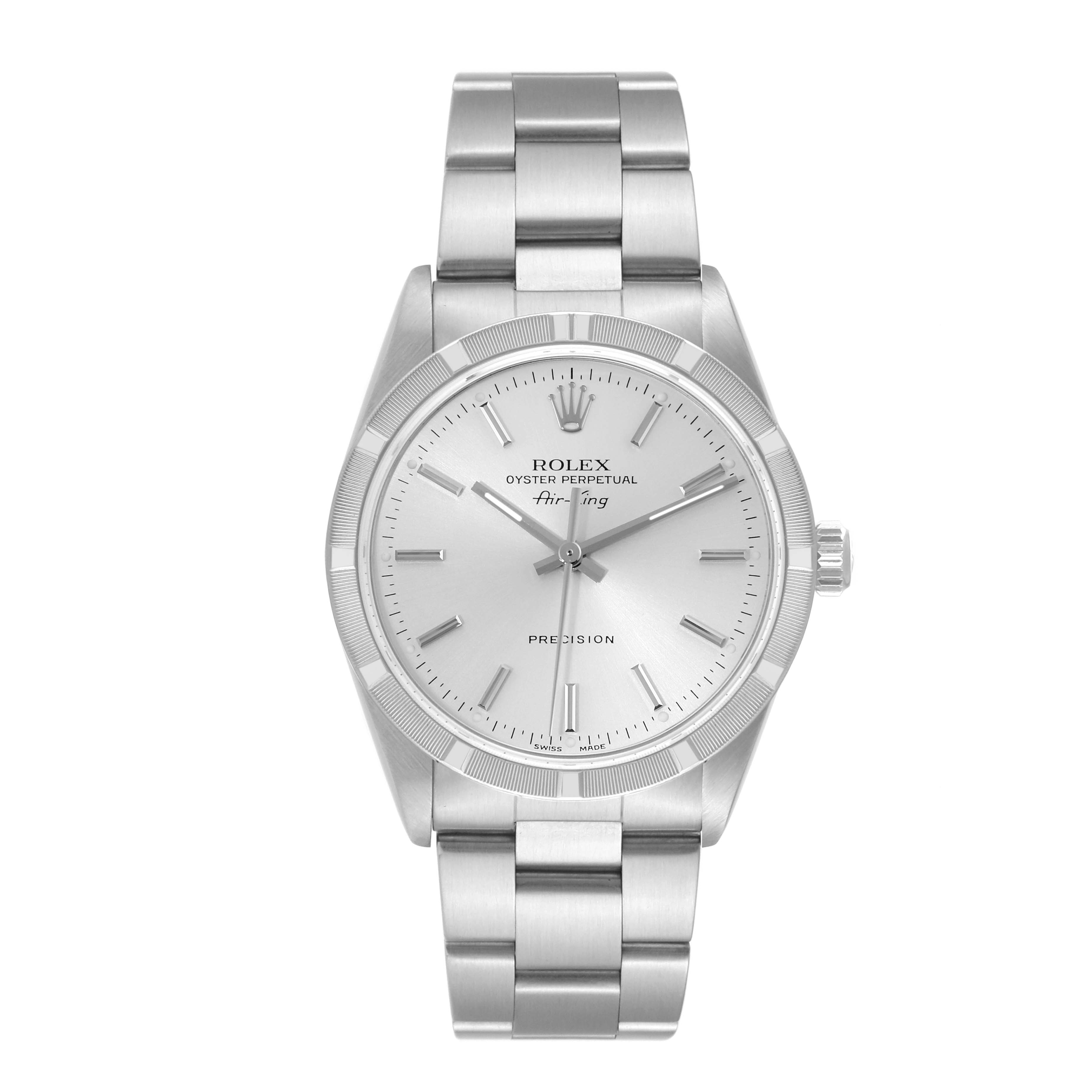 The Rolex Air-King 14010 Men's Stainless Steel Silver Dial 14010 Men's Stainless Steel Silver Dial watch is shown from a front angle, displaying its face, bezel, and bracelet.