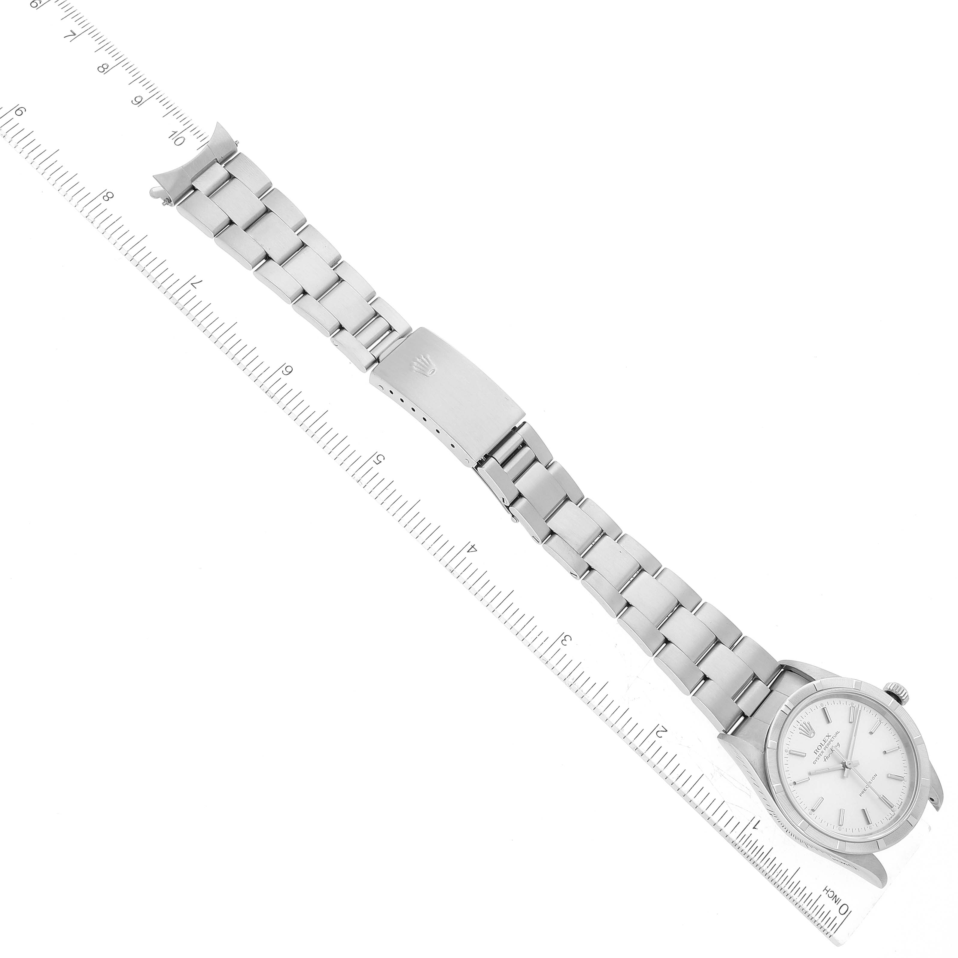 The Rolex Air-King 14010 Men's Stainless Steel Silver Dial 14010 Men's Stainless Steel Silver Dial watch is shown fully extended on a flat surface, showcasing its silver dial and stainless steel bracelet.