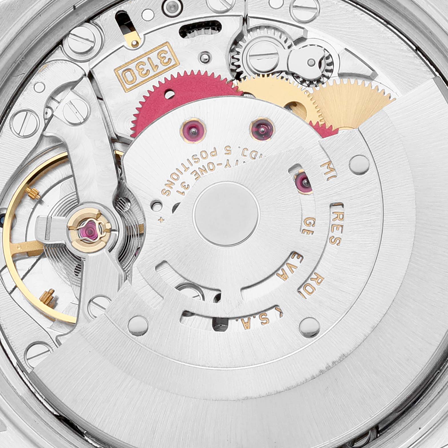The image shows an intricate view of the movement mechanism inside the Rolex Air-King 14010 Men's Stainless Steel Silver Dial 14010 Men's Stainless Steel Silver Dial watch.