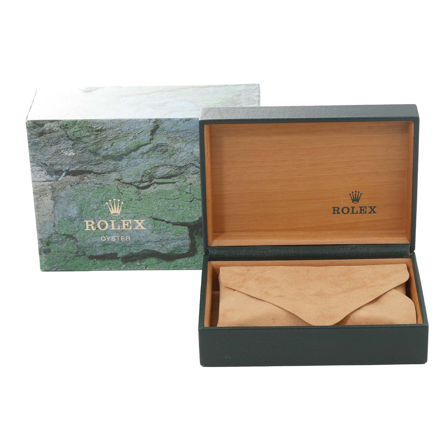 The image shows a Rolex Air-King 14010 Men's Stainless Steel Silver Dial 14010 Men's Stainless Steel Silver Dial watch box and a leather envelope inside, with the outer box bearing the Rolex logo.
