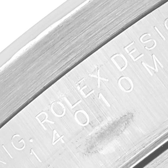 This close-up image shows the engraved side of the bezel on a Rolex Air-King 14010 Men's Stainless Steel Silver Dial 14010 Men's Stainless Steel Silver Dial watch.