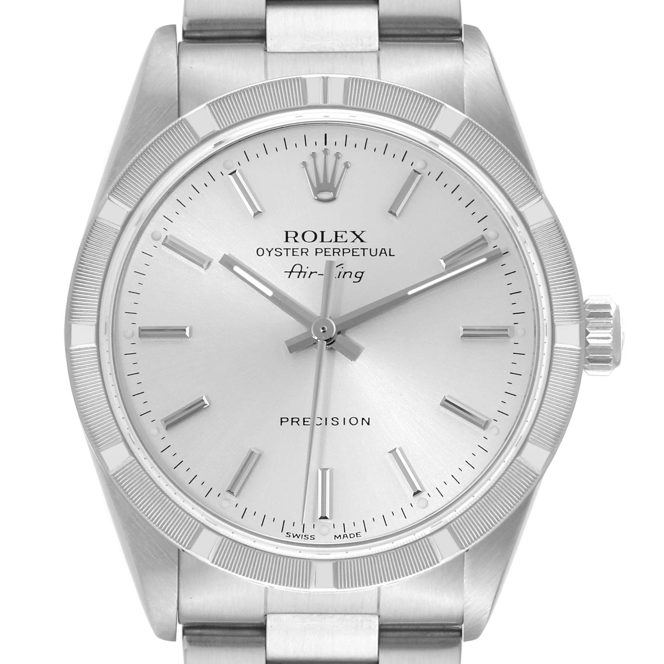 The image shows the front view of a Rolex Air-King 14010 Men's Stainless Steel Silver Dial 14010 Men's Stainless Steel Silver Dial watch, displaying its dial, hands, crown, and part of the bracelet.