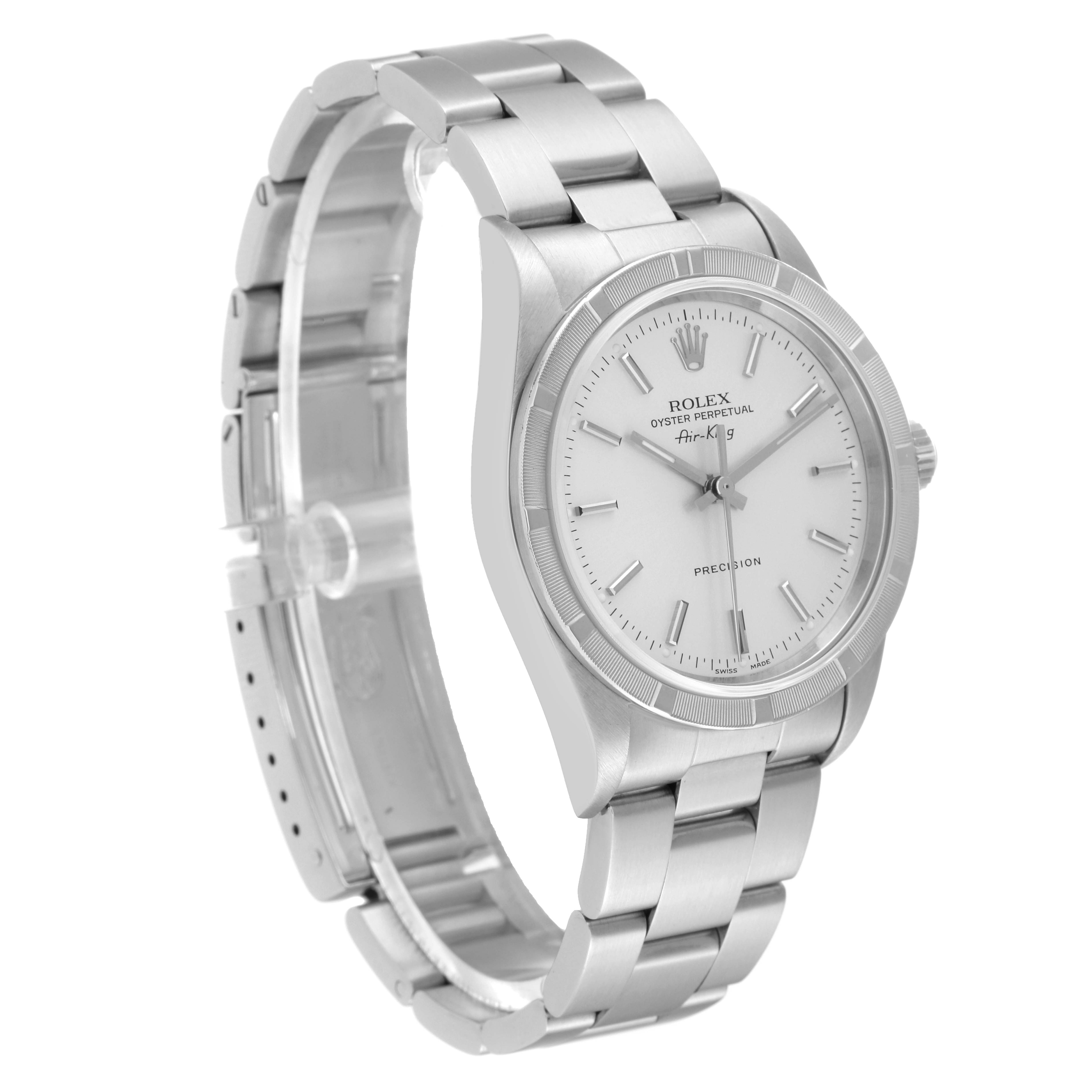 This image shows a side angle of the Rolex Air-King 14010 Men's Stainless Steel Silver Dial 14010 Men's Stainless Steel Silver Dial watch, highlighting the dial, bezel, and bracelet.