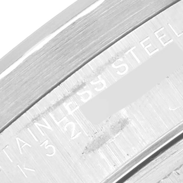 Close-up view of the Rolex Air-King 14010 Men's Stainless Steel Silver Dial 14010 Men's Stainless Steel Silver Dial's case showing the engraved "STAINLESS STEEL" text.