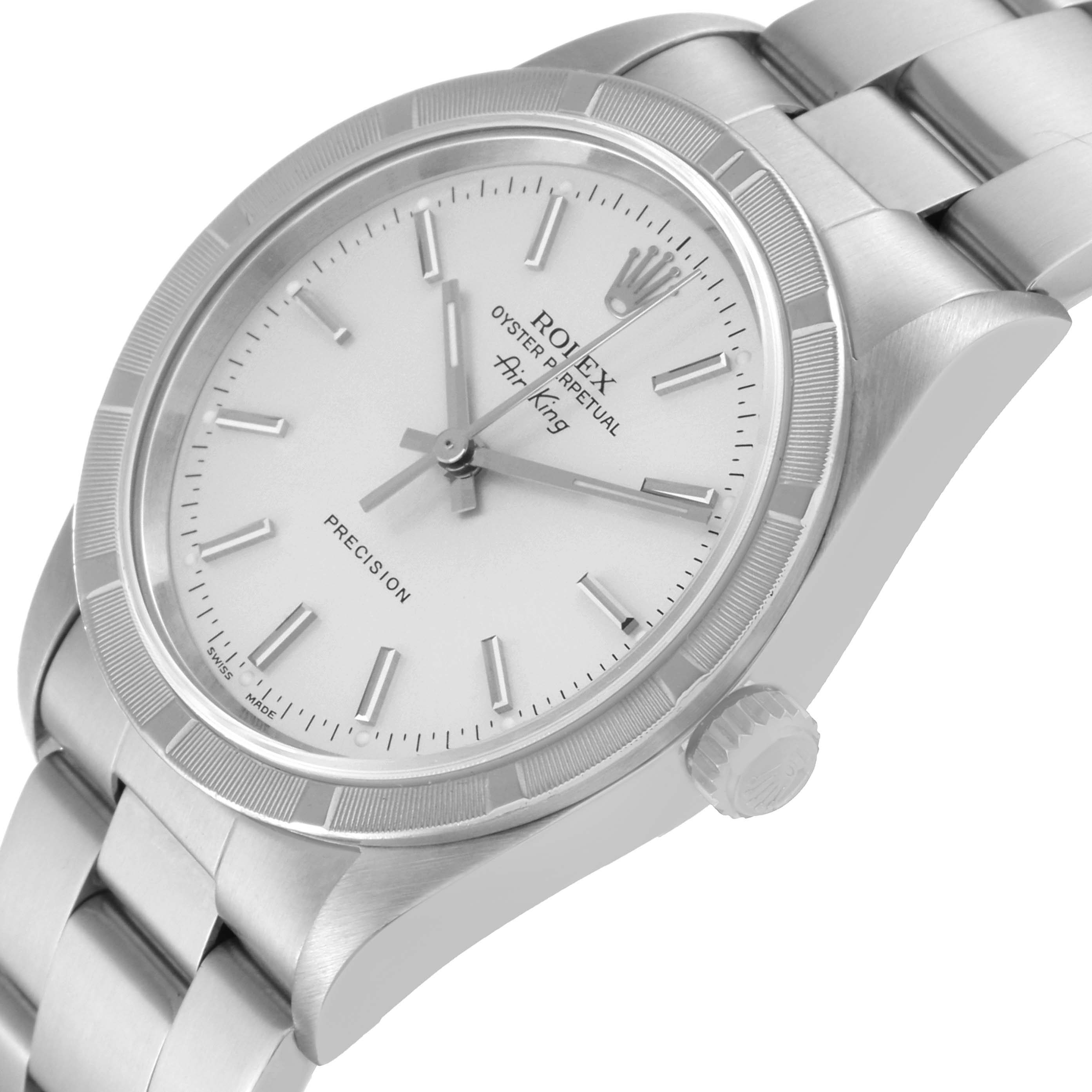 This image shows a close-up angled view of the dial, bezel, crown, and part of the bracelet of a Rolex Air-King 14010 Men's Stainless Steel Silver Dial 14010 Men's Stainless Steel Silver Dial watch.