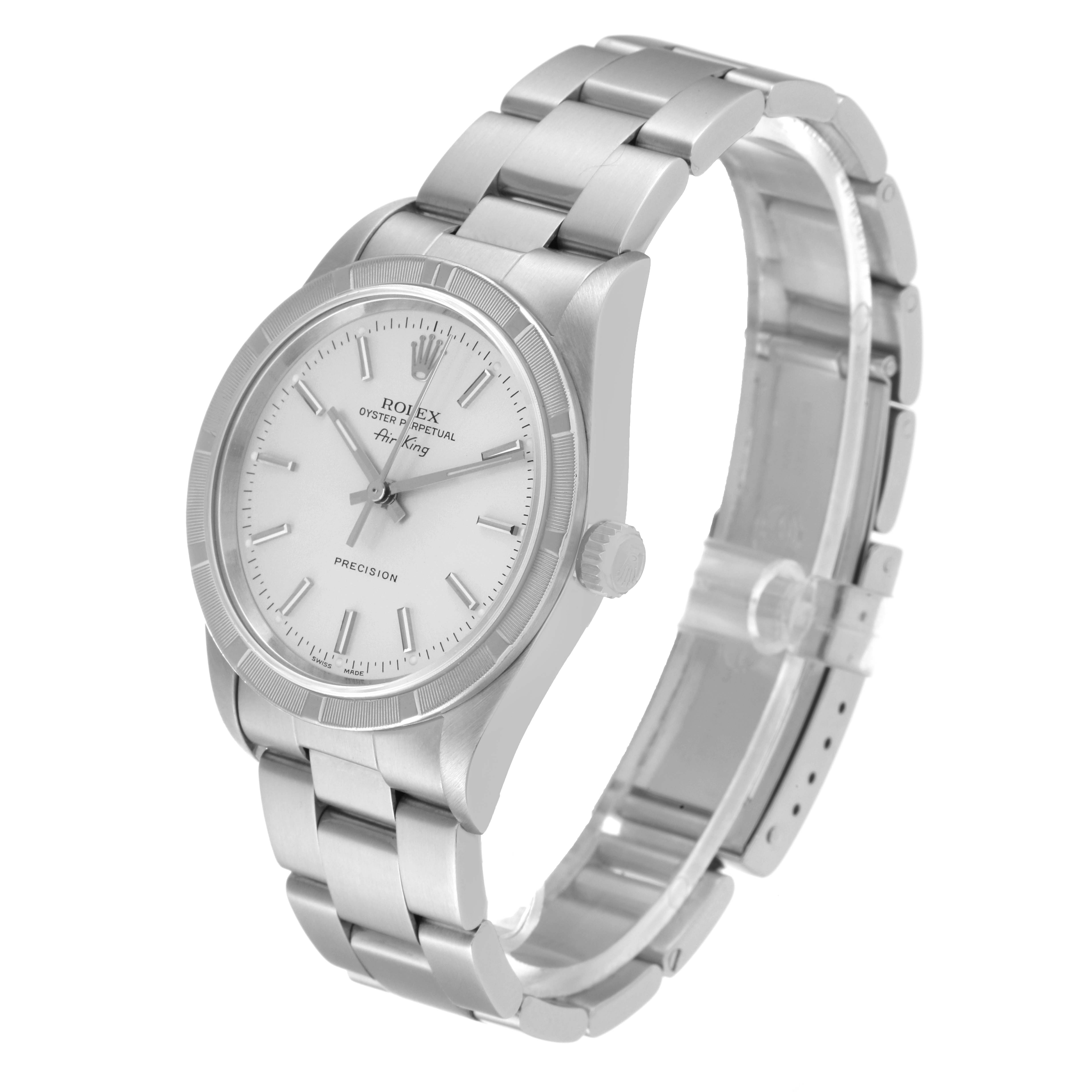 The image shows a Rolex Air-King 14010 Men's Stainless Steel Silver Dial 14010 Men's Stainless Steel Silver Dial watch angled to display the face, crown, and stainless steel bracelet.