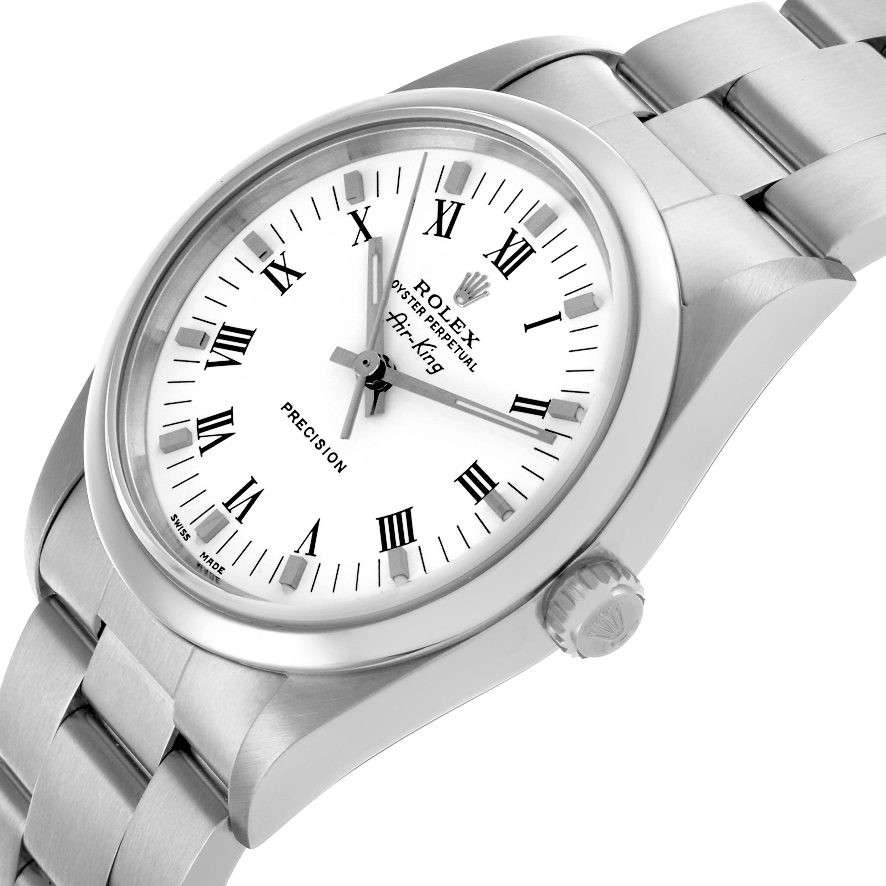 The image shows a side angle of the Rolex Air-King 14000M Men's Stainless Steel White Dial 14000M Men's Stainless Steel White Dial watch, highlighting the face, bezel, crown, and bracelet.