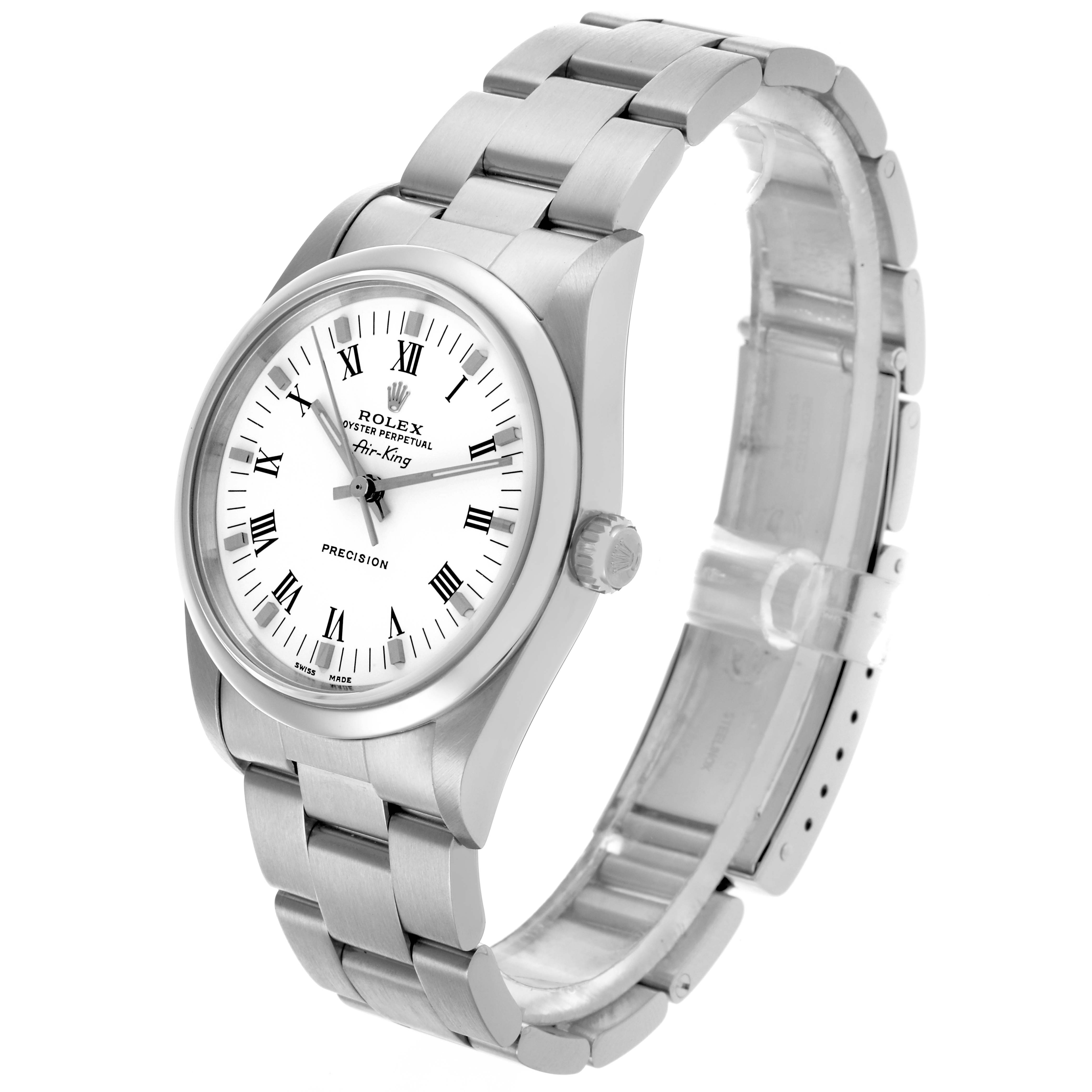 The Rolex Air-King 14000M Men's Stainless Steel White Dial 14000M Men's Stainless Steel White Dial watch is shown at a three-quarter angle, displaying the face, case, bezel, crown, and bracelet.