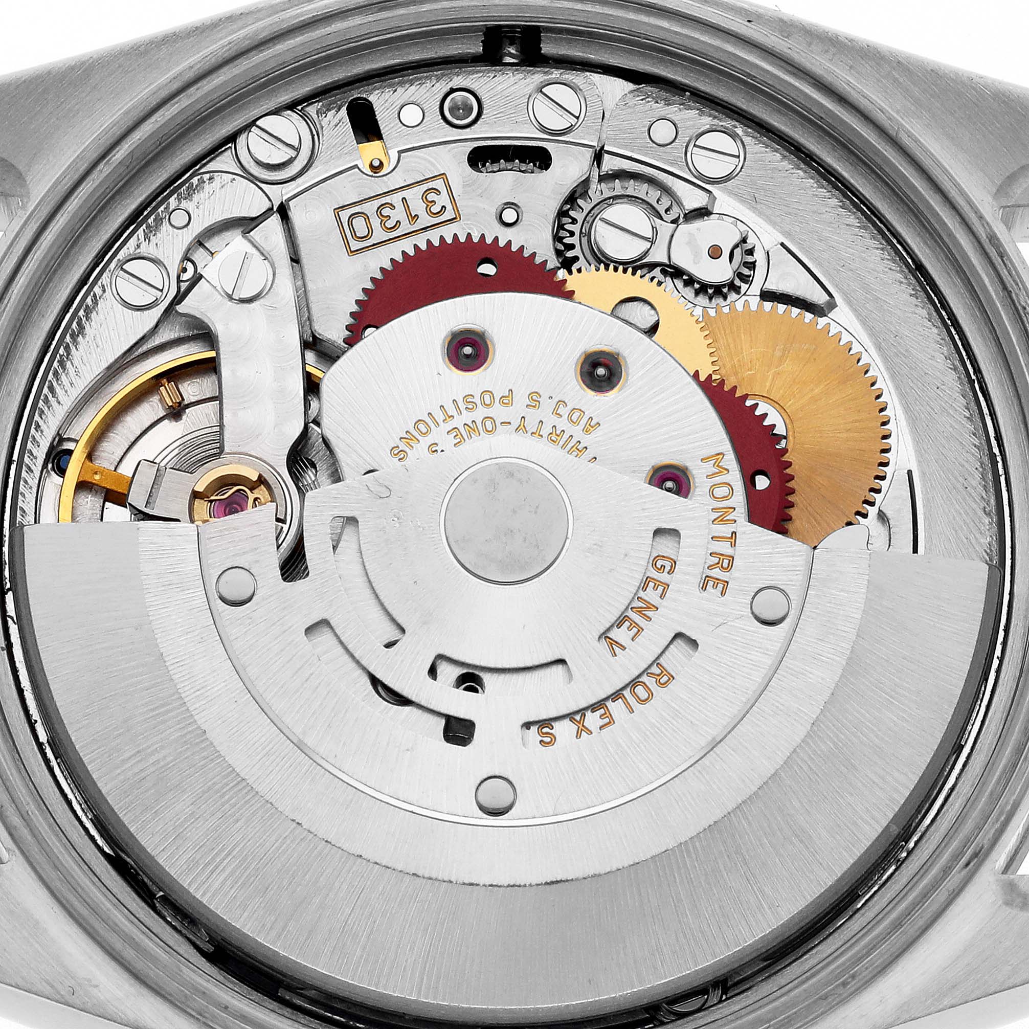 The image shows the internal movement mechanism of a Rolex Air-King 14000M Men's Stainless Steel White Dial 14000M Men's Stainless Steel White Dial watch from a top-down angle.