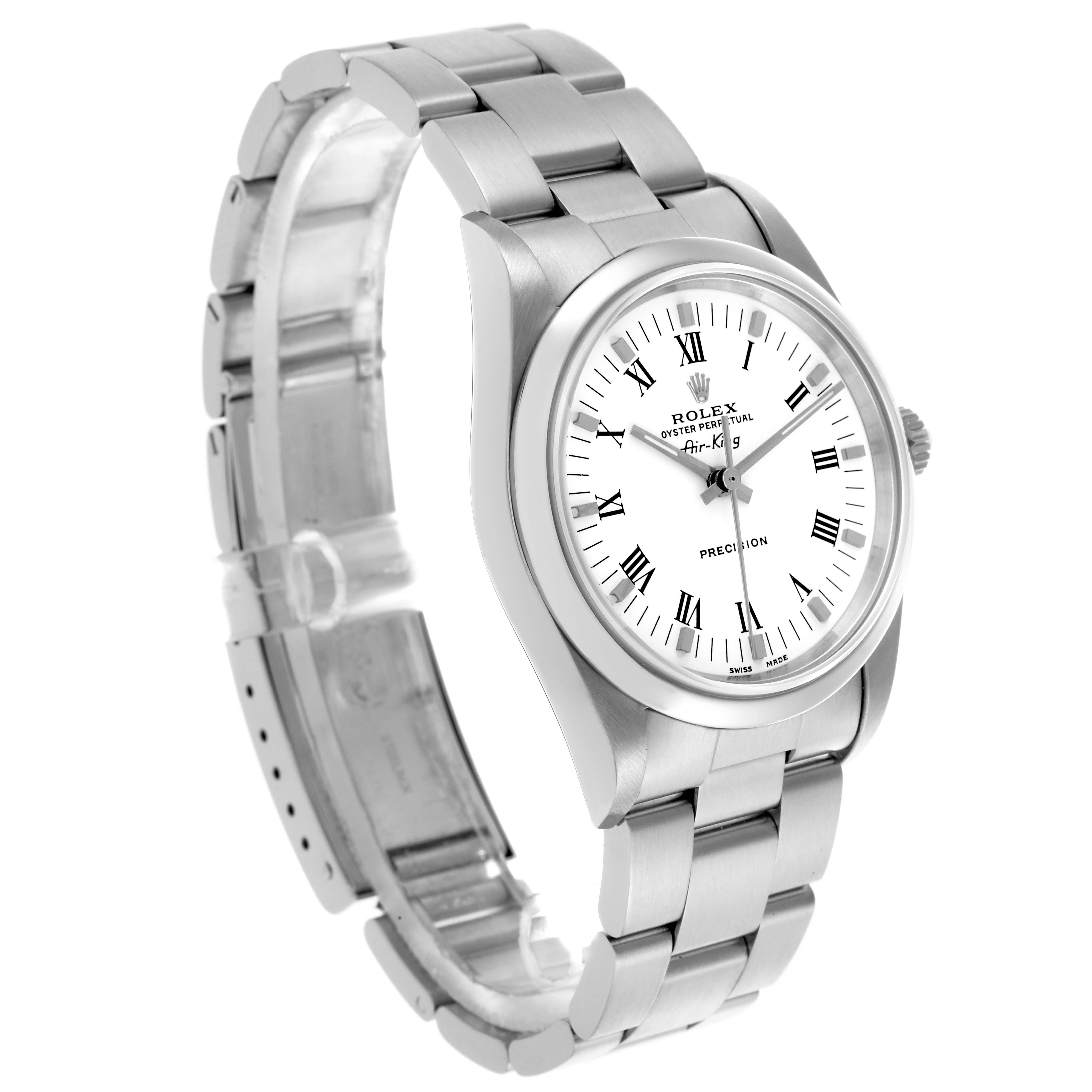 The Rolex Air-King 14000M Men's Stainless Steel White Dial 14000M Men's Stainless Steel White Dial watch is shown at a slight angle, displaying the face, bezel, and part of the bracelet.