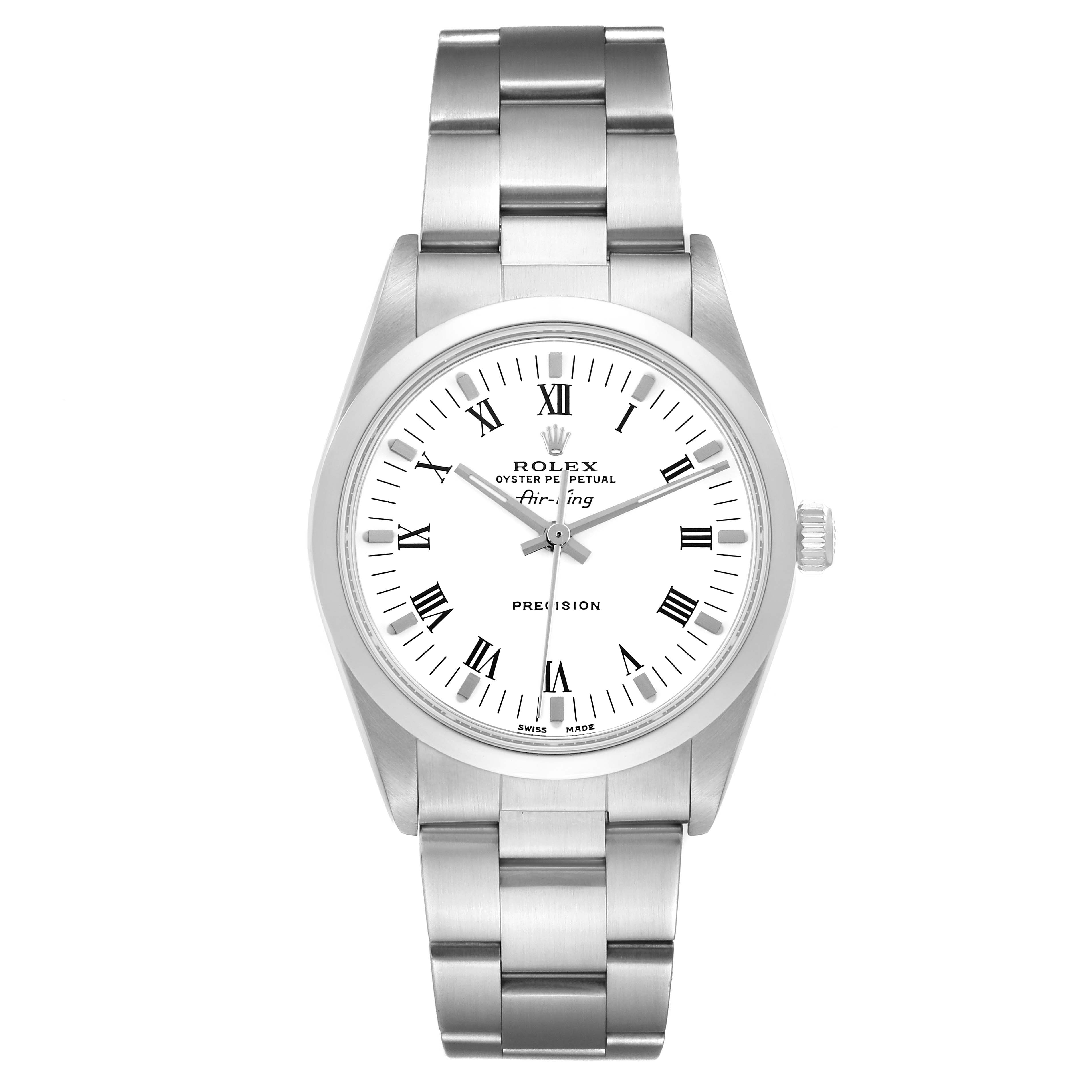 The Rolex Air-King 14000M Men's Stainless Steel White Dial 14000M Men's Stainless Steel White Dial watch is shown from a top-down angle, displaying the full face and bracelet.