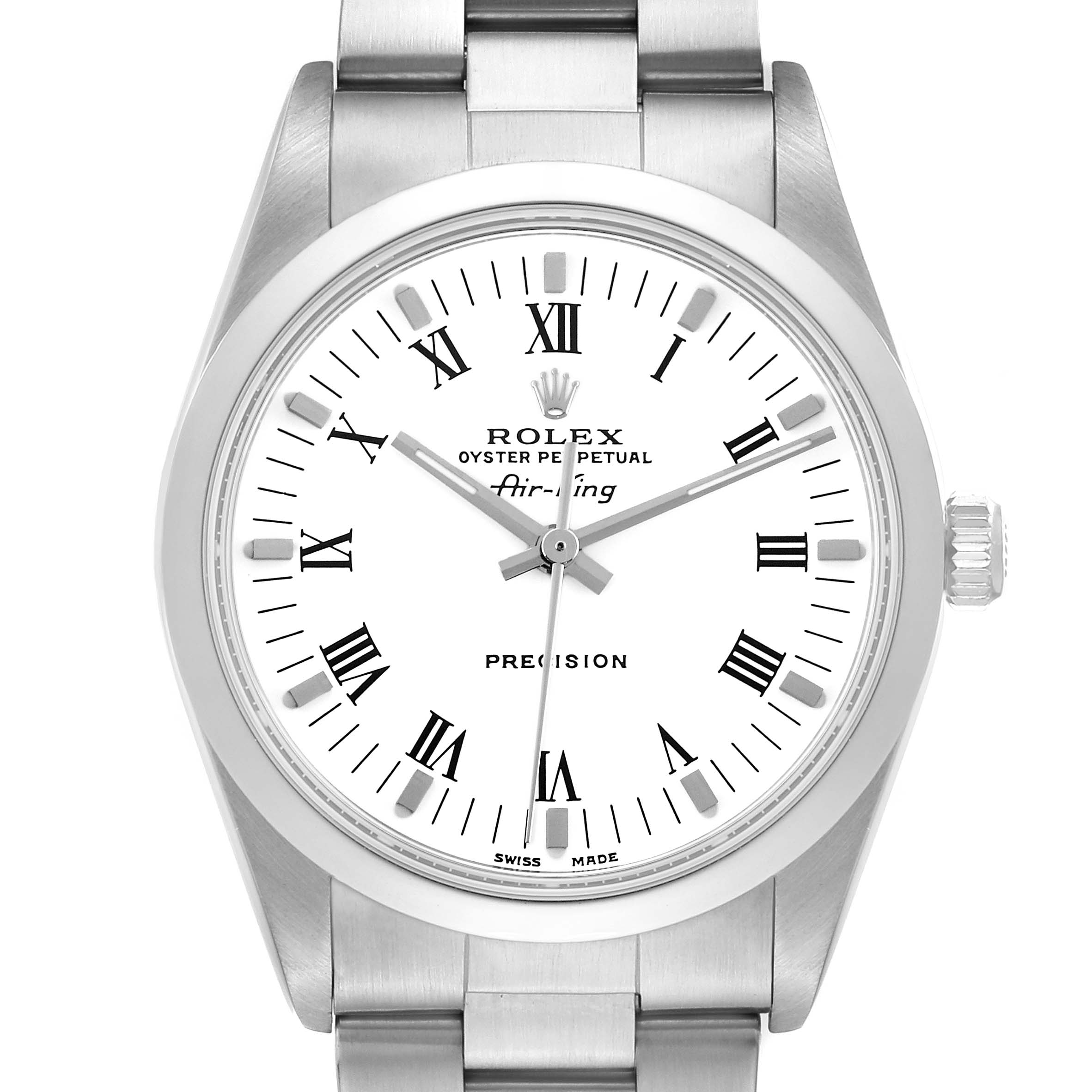 The Rolex Air-King 14000M Men's Stainless Steel White Dial 14000M Men's Stainless Steel White Dial watch is shown from the front, displaying the dial, hands, crown, and part of the bracelet.