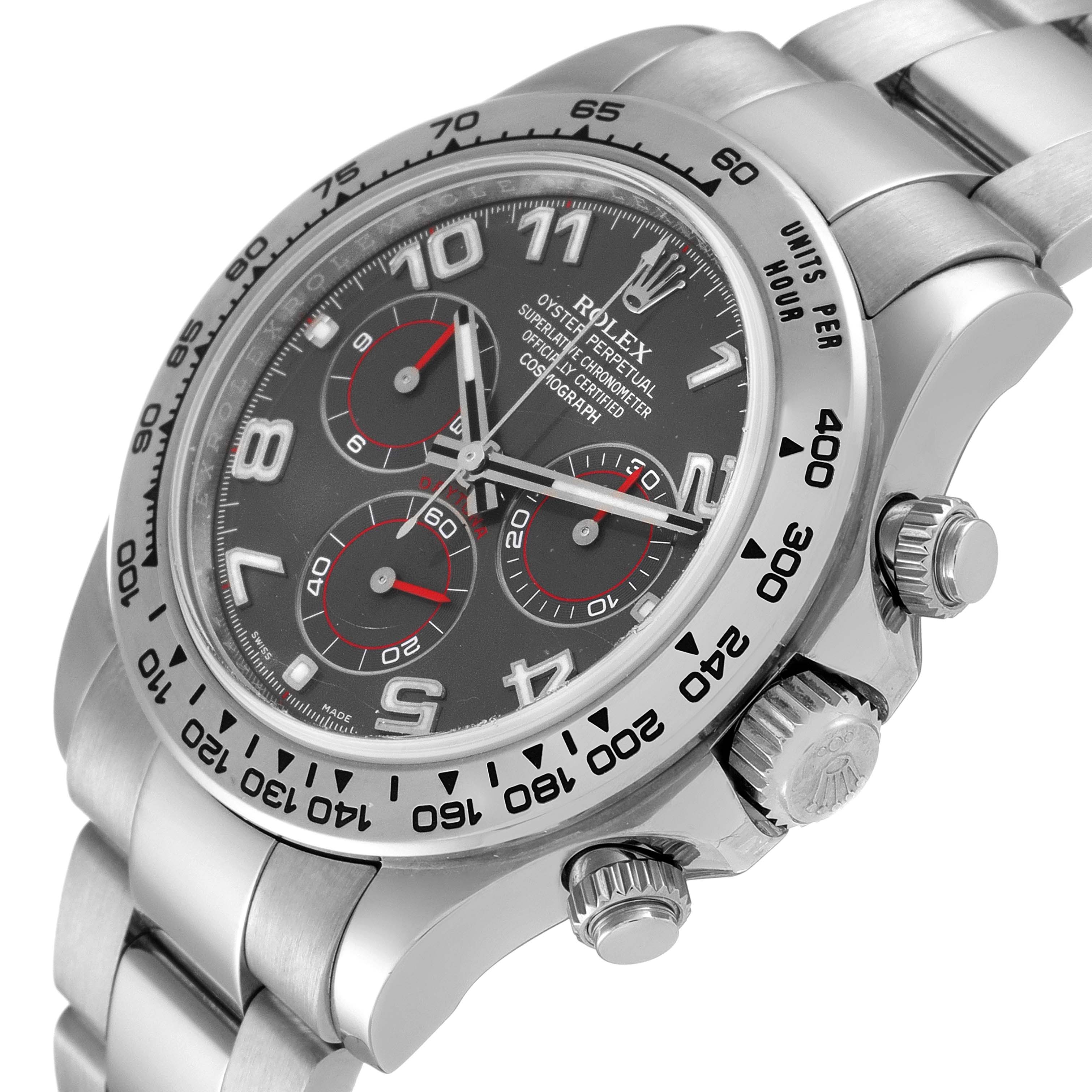 The image shows a close-up angle of a Rolex Daytona 116509 Men's White Gold Grey Dial 116509 Men's White Gold Grey Dial watch, highlighting its crown, bezel, and part of the bracelet.