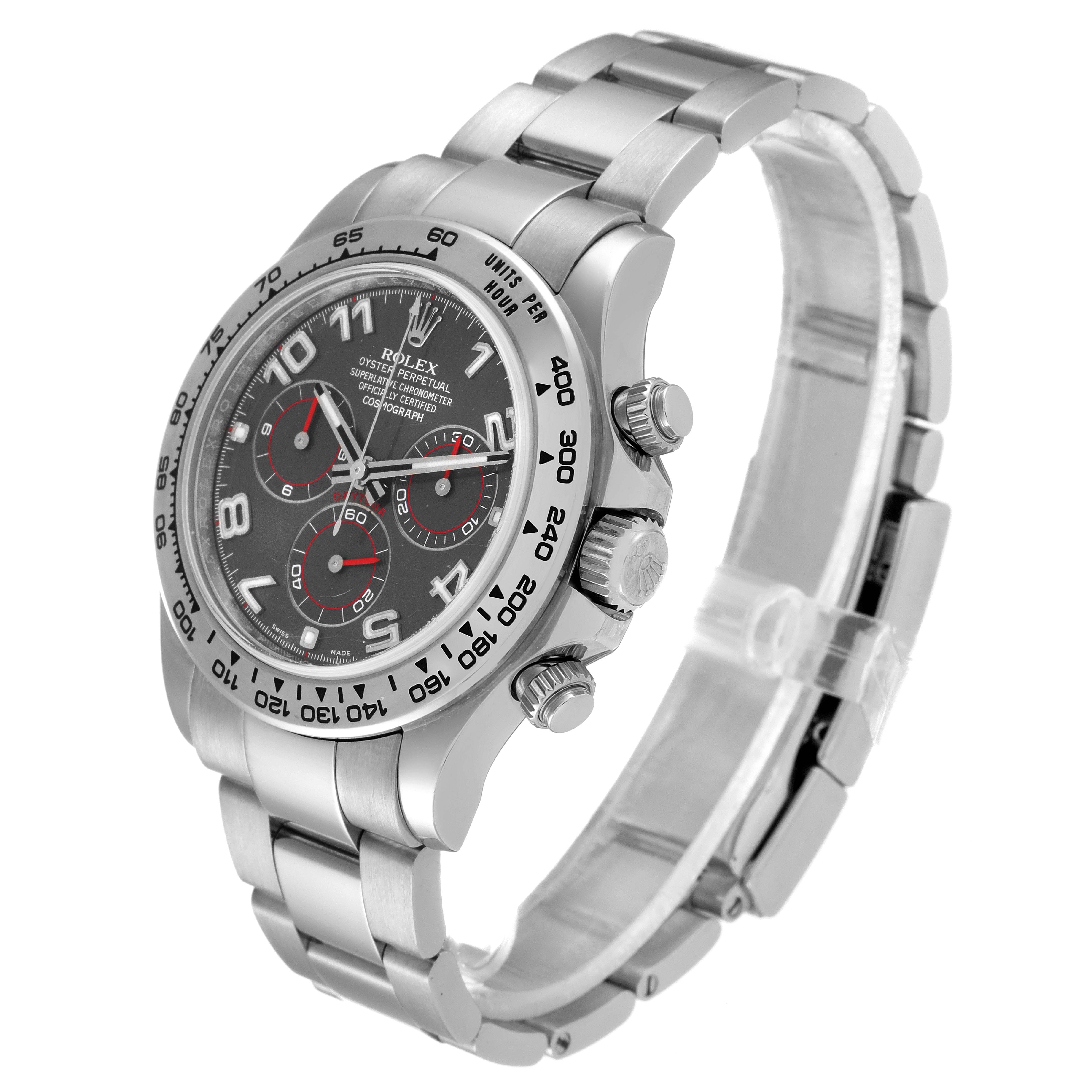 The image shows a Rolex Daytona 116509 Men's White Gold Grey Dial 116509 Men's White Gold Grey Dial watch at a three-quarter angle emphasizing the face, bezel, crown, and bracelet.