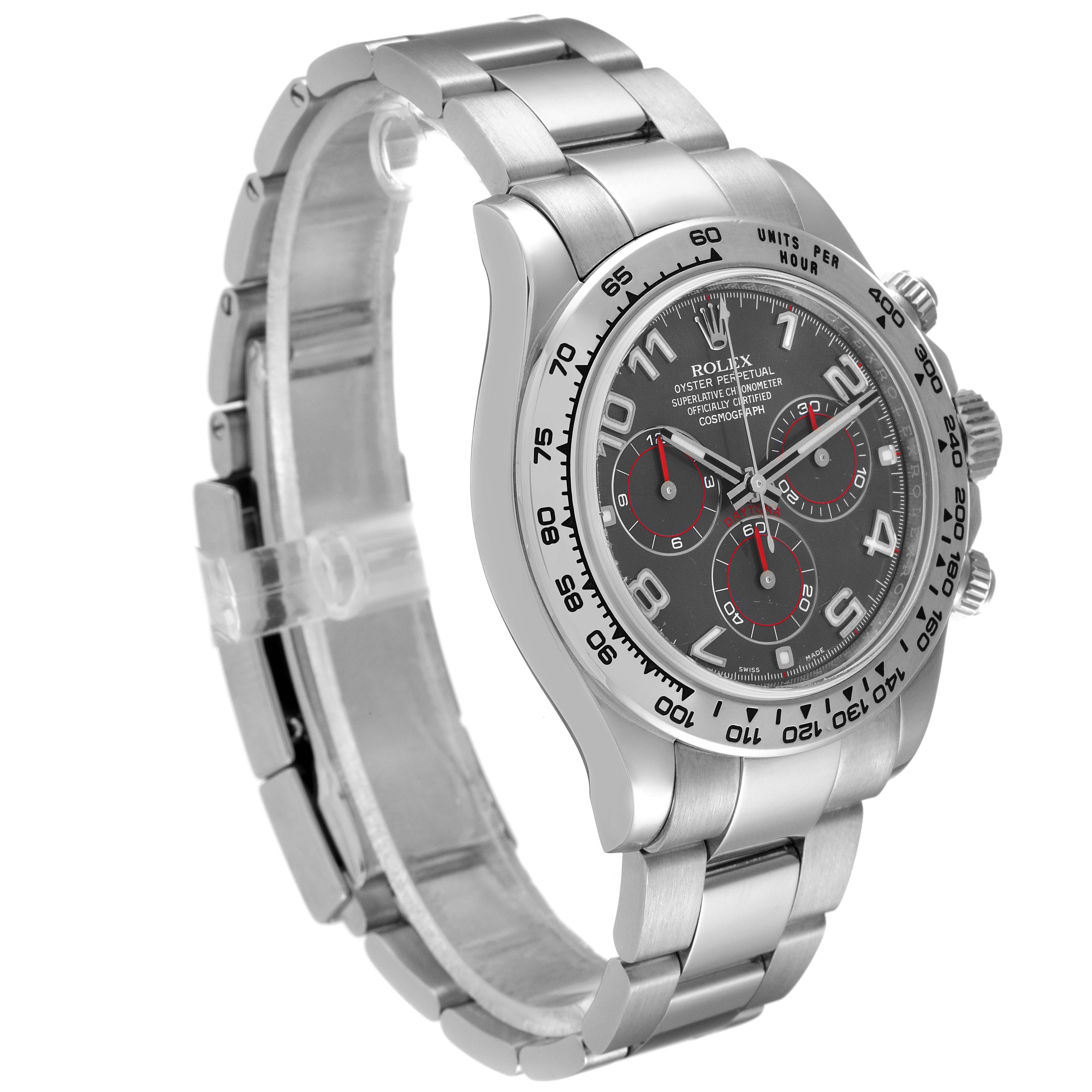 The image shows a Rolex Daytona 116509 Men's White Gold Grey Dial 116509 Men's White Gold Grey Dial watch from a front-left angle, highlighting the face, bezel, crown, and bracelet.