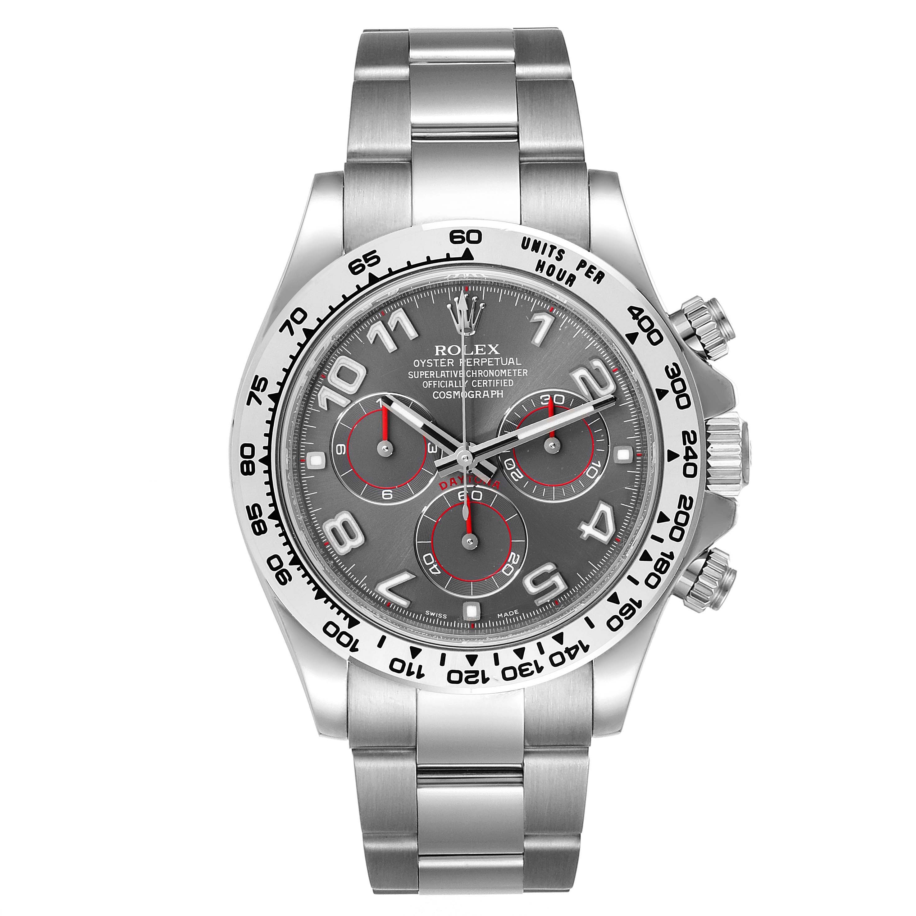 This is a frontal view of the Rolex Daytona 116509 Men's White Gold Grey Dial 116509 Men's White Gold Grey Dial watch, showing the dial, bezel, case, and bracelet.