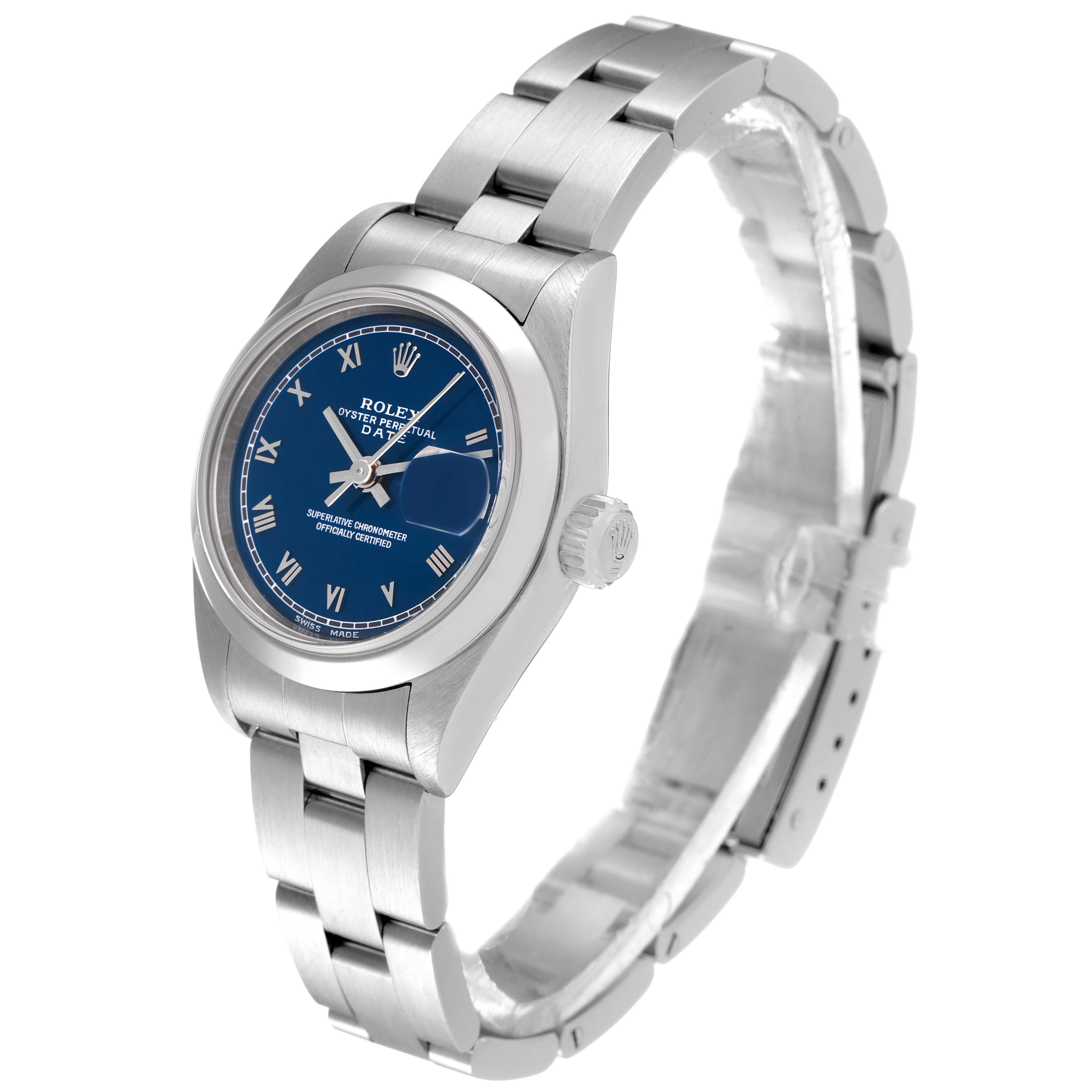 The image shows a side angle of a Rolex Date 79160 Women
s Stainless Steel Blue Dial 79160 Women
s Stainless Steel Blue Dial model watch, displaying the face, crown, and bracelet.